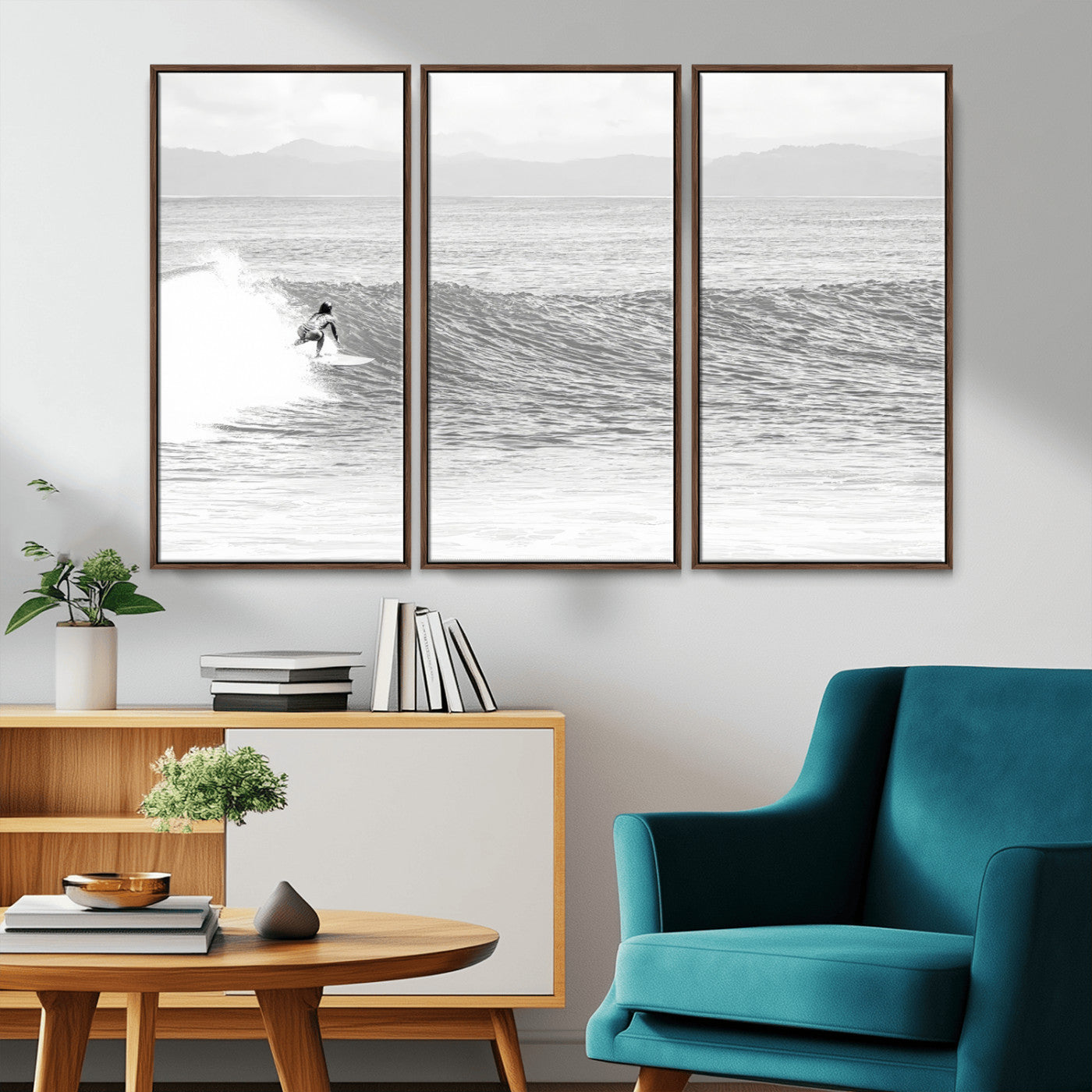 81535128-MGV-CV-36X24-Surfer Woman Wall Art Canvas Print, Framed Black Ocean Art Picture Print, Ocean Surfing Perfect Monochrome Coastal Decor Artwork