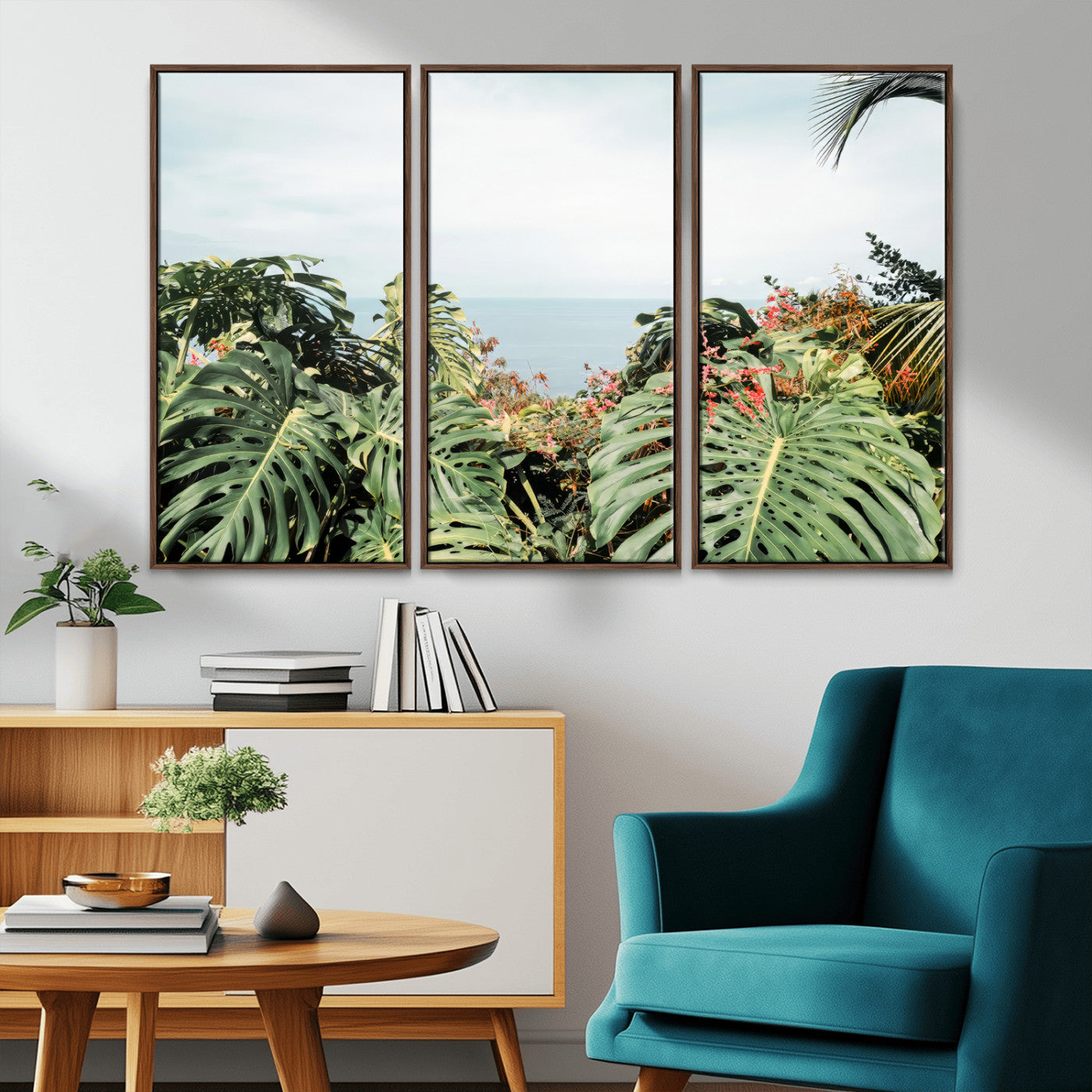 45700479-MGV-CV-36X24-Monstera Leaves Wall Art Canvas Print, Framed Tropical Ocean Art Picture Print, Tropical Foliage Perfect Tropical Coastal Jungle