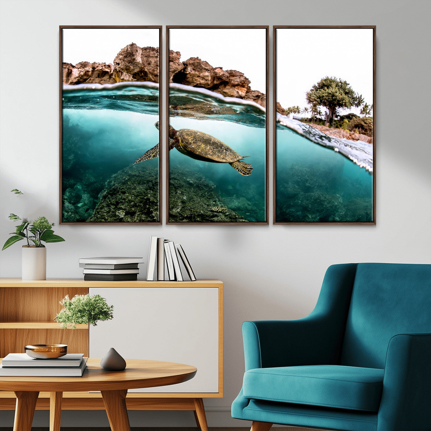 44200301-MGV-CV-36X24-Sea Turtle Swim Wall Art Canvas Print, Framed Ocean Life Art Picture Print, Tropical Shoreline Perfect Tropical Coastal Decor