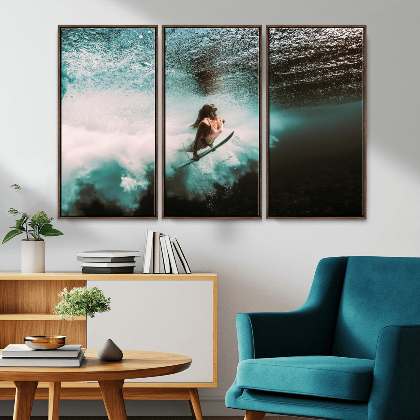 85923512-MGV-CV-36X24-Aquatic Motion Wall Art Canvas Print, Framed Underwater Swimming Art Picture Print, Female Surfer Diving Perfect Coastal Boho