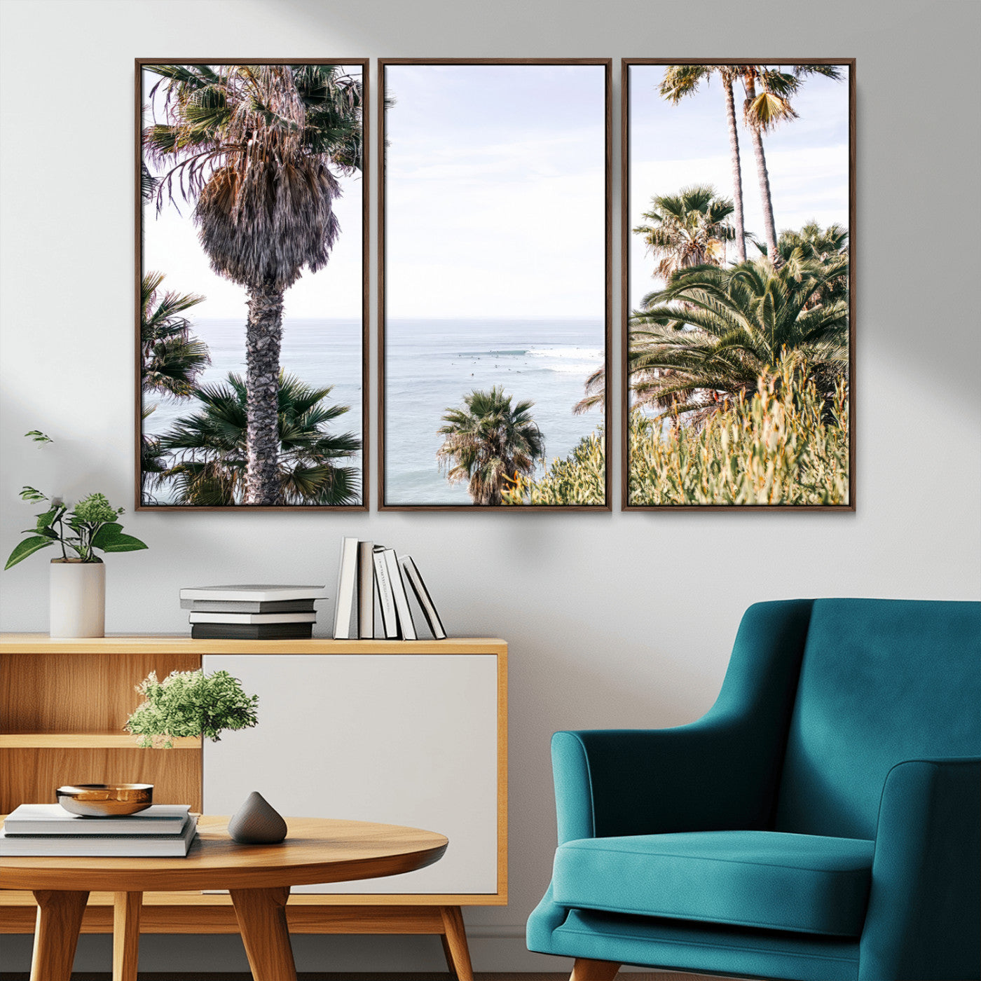 51404565-MGV-FC-48X32-3P_Walnut-Palm Trees Wall Art Canvas Print, Framed Ocean Breeze Art Picture Print, Coastal View Perfect Tropical Coastal Decor Artwork