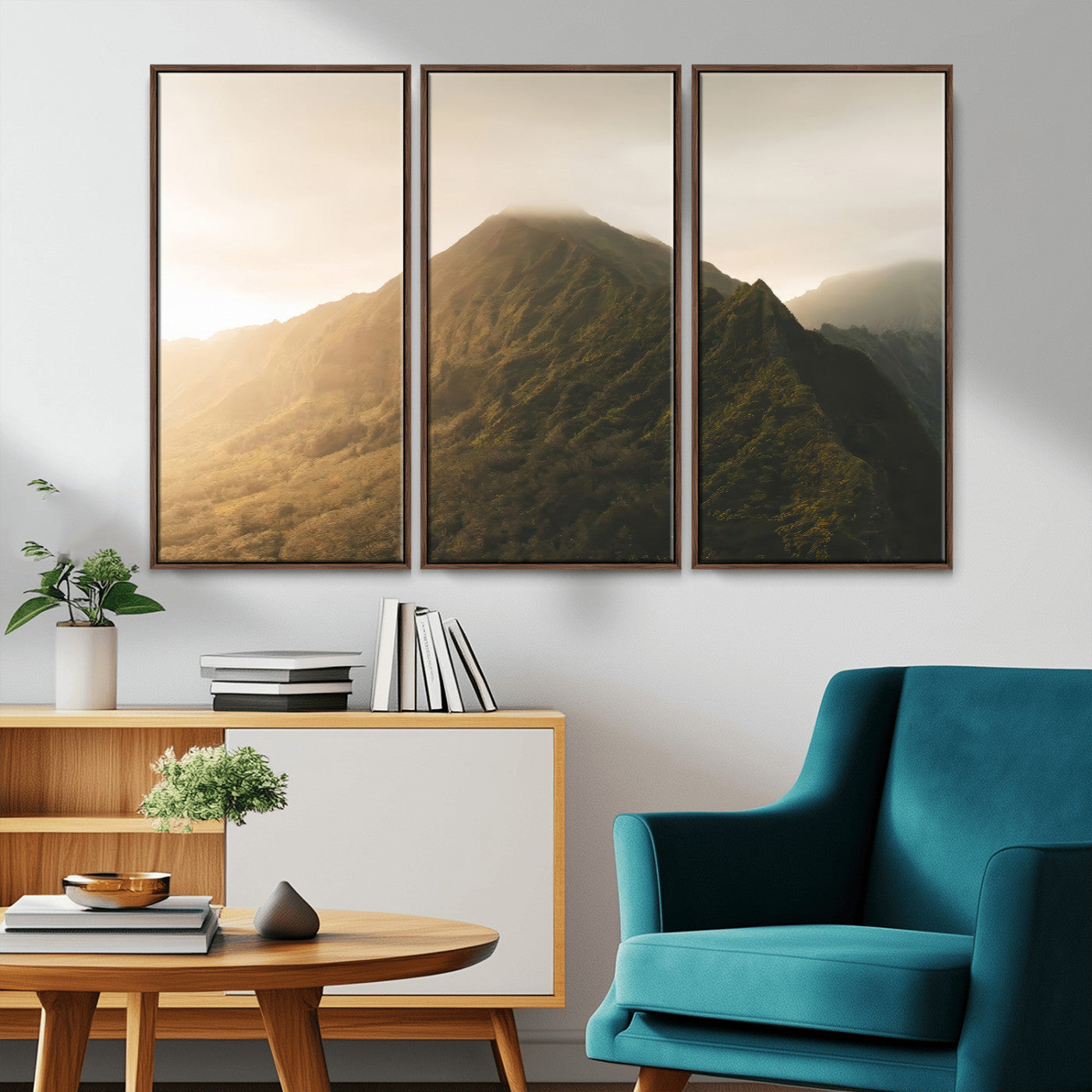 42338636-MGV-CV-36X24-Golden Mountain Wall Art Canvas Print, Framed Misty Summit Art Picture Print, Rugged Landscape Perfect Moody Wilderness Decor