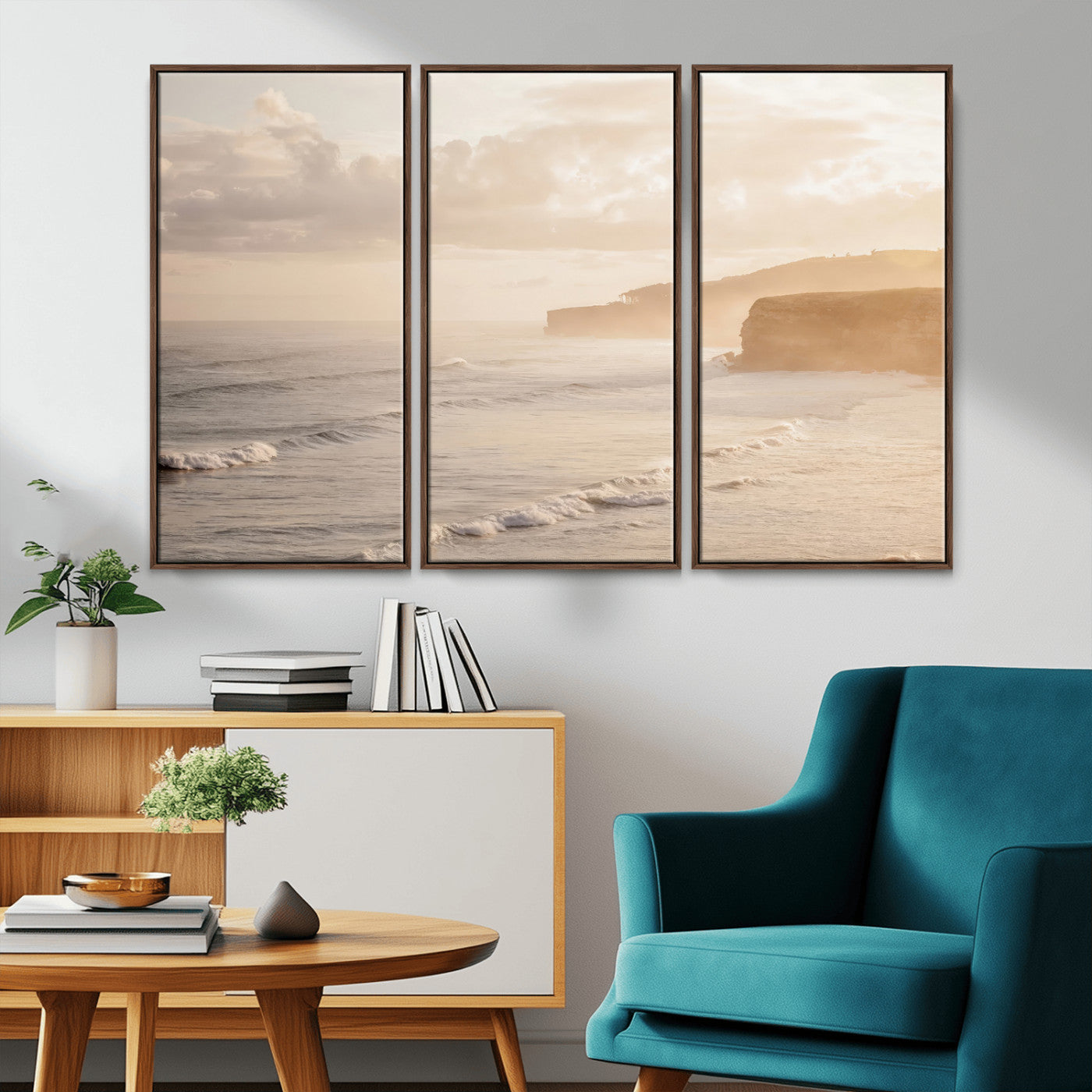 57669769-MGV-CV-36X24-Misty Coastal Wall Art Canvas Print, Framed Golden Sunset Art Picture Print, Serene Shoreline Perfect Tranquil Coastal Decor