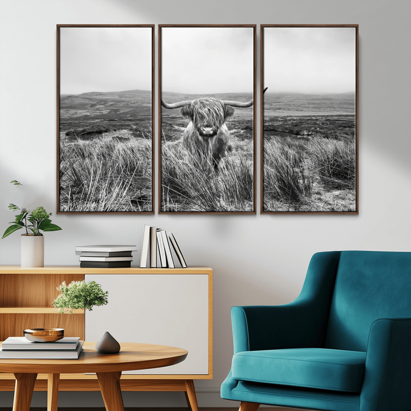 24051061-MGV-CV-36X24-Monochrome Highland Cow Wall Art Canvas Print, Framed Scottish Bull Art Picture Print, Lone Cattle Perfect Rustic Farmhouse Decor