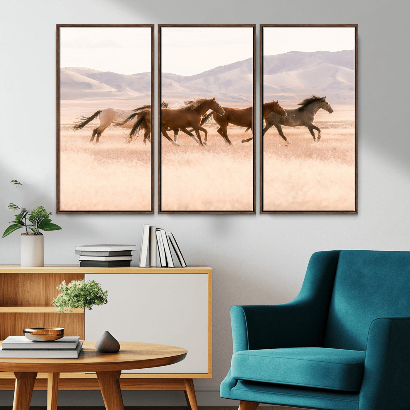 83644685-MGV-FC-48X32-3P_Walnut-Wild Horse Art Wall Art Canvas Print, Framed Rustic Western Art Picture Print, Desert Horse Scene Perfect Rustic Western Decor