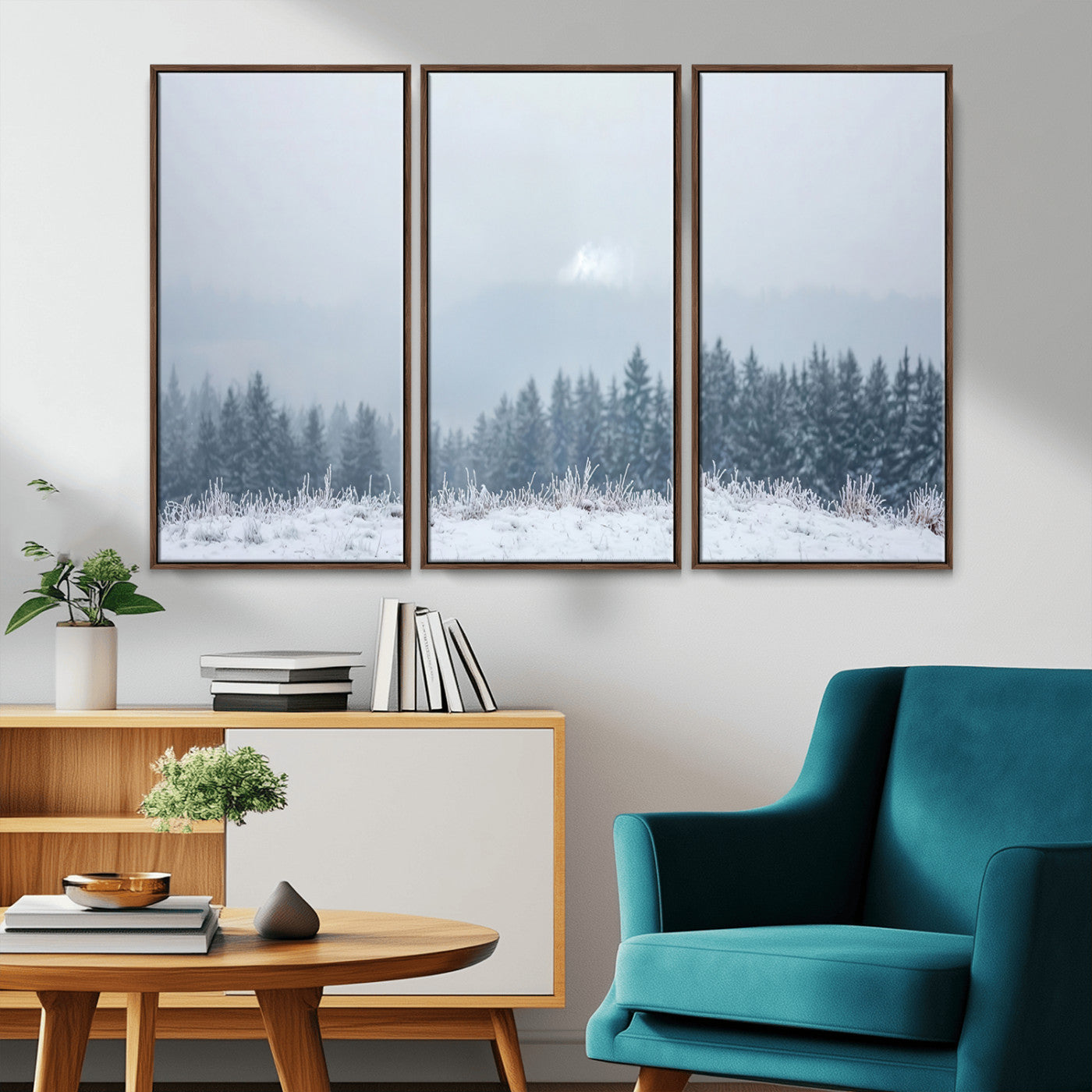 33033082-MGV-CV-36X24-Winter Forest Art Wall Art Canvas Print, Framed Snowy Landscape Art Picture Print, Misty Tree Scene Perfect Nordic Minimalist