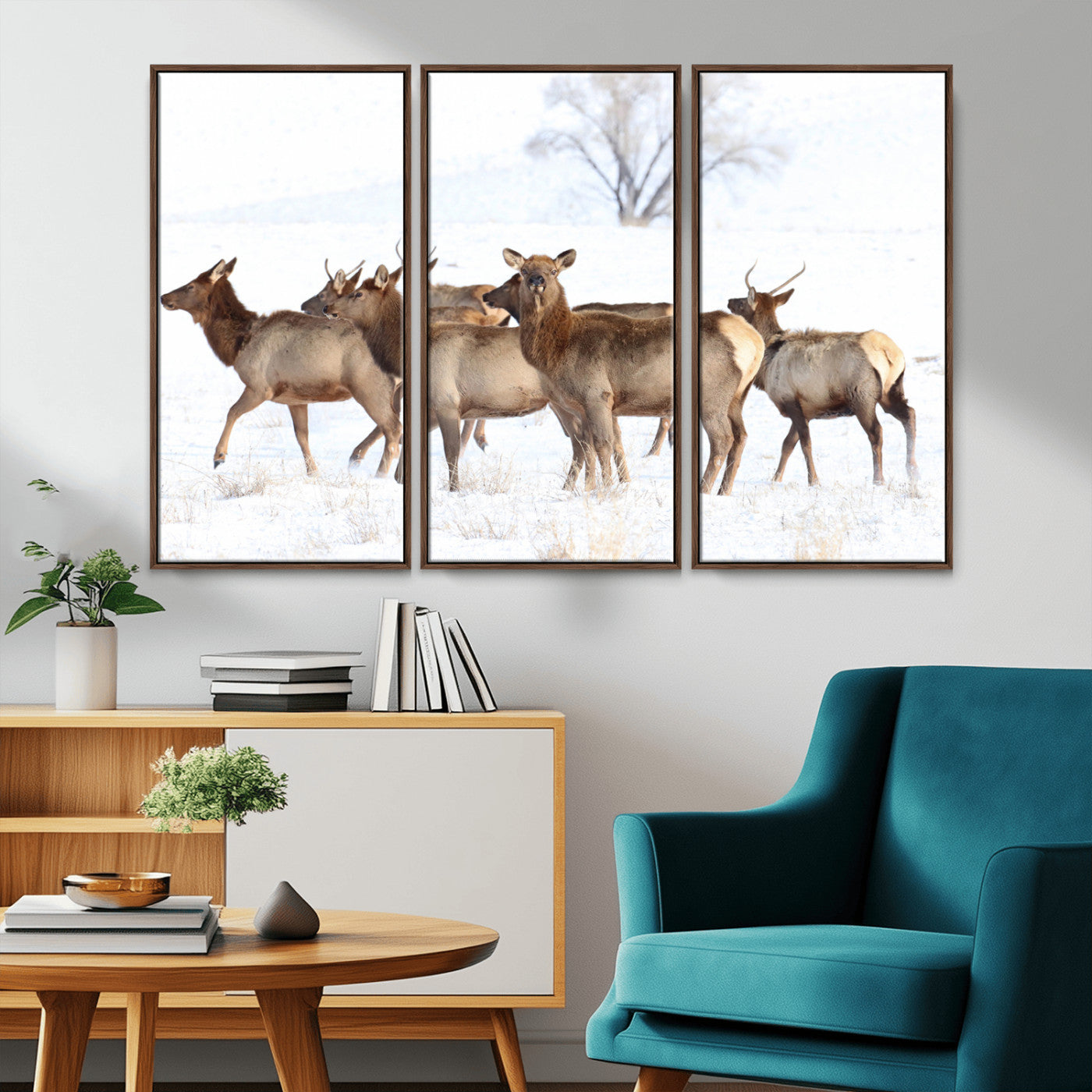 68738684-MGV-CV-36X24-Winter Elk Scene Wall Art Canvas Print, Framed Wildlife Photography Art Picture Print, Snowy Deer Decor Perfect Rustic Lodge Decor