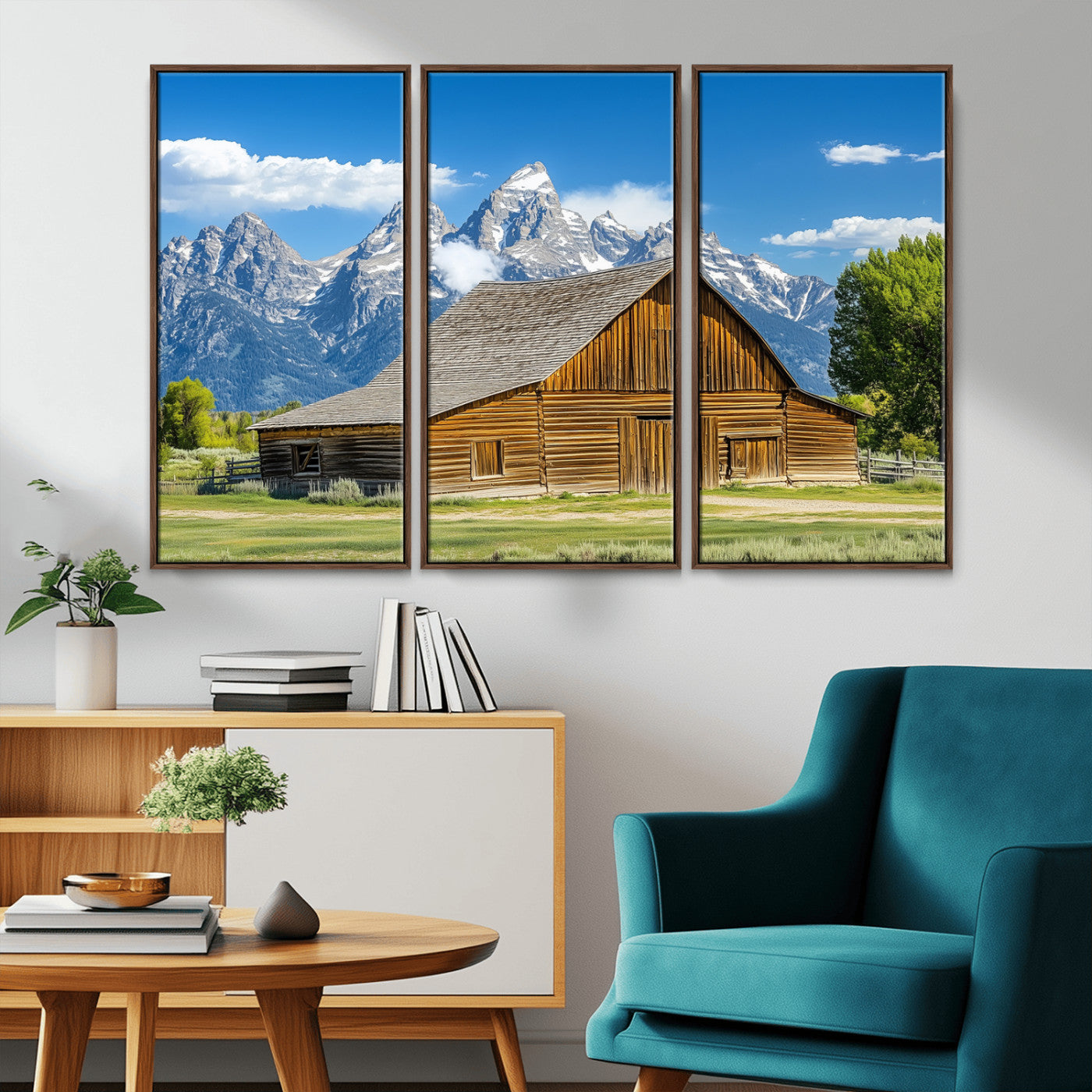 75948467-MGV-CV-36X24-Mountain Barn Scene Wall Art Canvas Print, Framed Rustic Farmhouse Style Art Picture Print, Country Cabin Decor Perfect Rustic