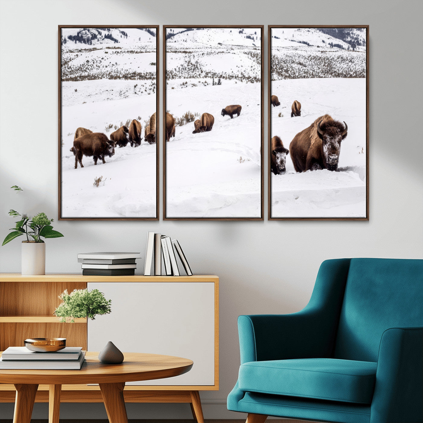 13891210-MGV-CV-36X24-Bison Herd Scene Wall Art Canvas Print, Framed Western Wildlife Decor Art Picture Print, Snowy Mountain Valley Perfect Rustic