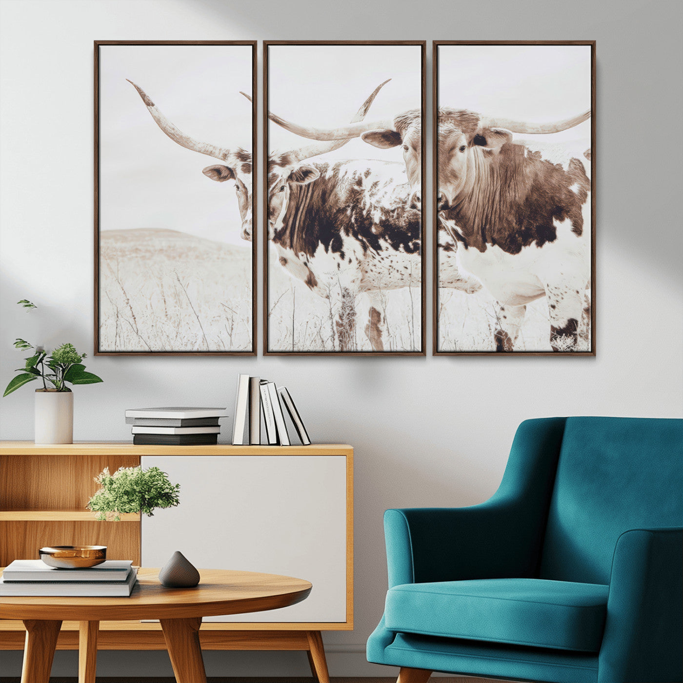 48161868-MGV-FC-48X32-3P_Walnut-Longhorn Cow Decor Wall Art Canvas Print, Framed Rustic Cattle Art Picture Print, Sepia Western Vibe Perfect Neutral Rustic