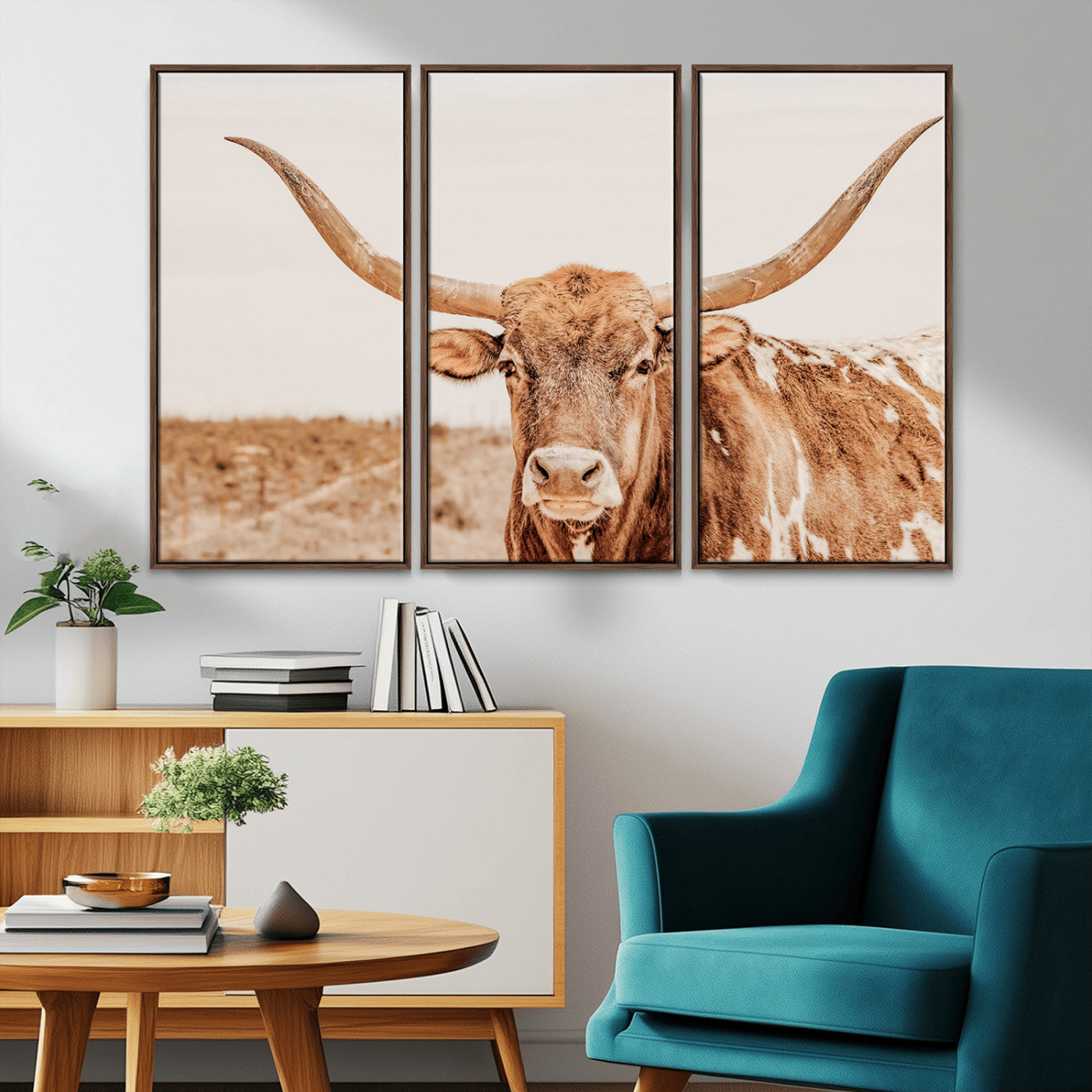 74406977-MGV-CV-36X24-Longhorn Bull Decor Wall Art Canvas Print, Framed Western Cow Theme Art Picture Print, Rustic Farmhouse Wall Perfect Neutral