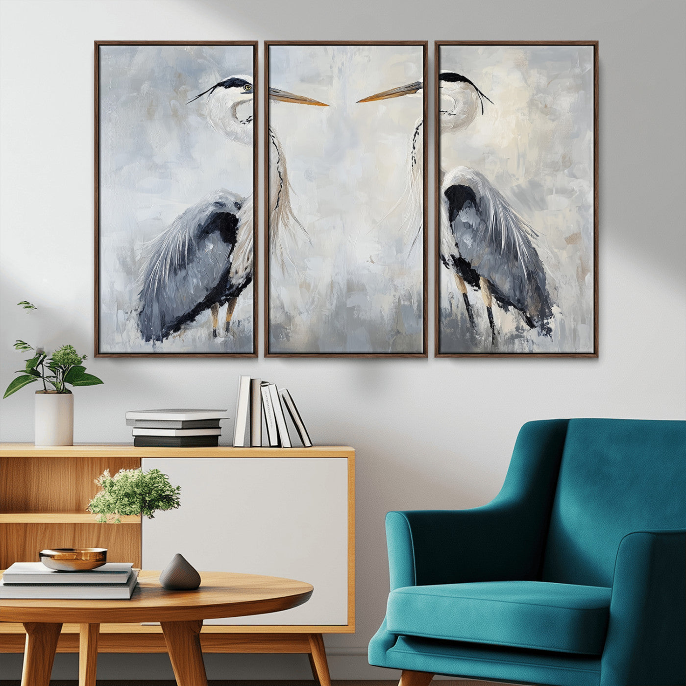 90806932-MGV-FC-48X32-3P_Walnut-Heron Wall Art Wall Art Canvas Print, Framed Bird Canvas Decor Art Picture Print, Nature Inspired Perfect Coastal Minimalist Decor