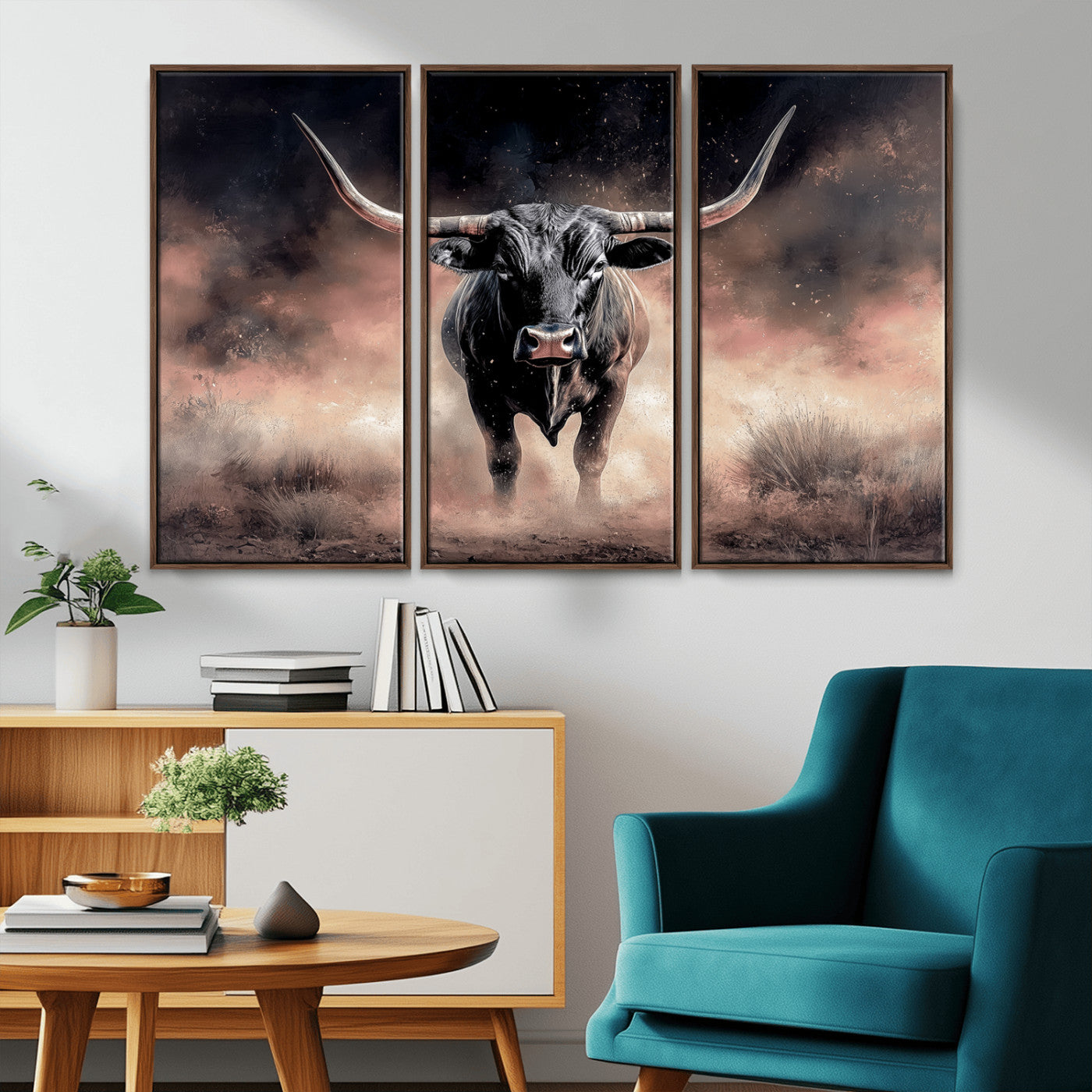 71457818-MGV-CV-36X24-Longhorn Wall Art Wall Art Canvas Print, Framed Western Bull Canvas Art Picture Print, Rustic Cow Decor Perfect Western Dramatic