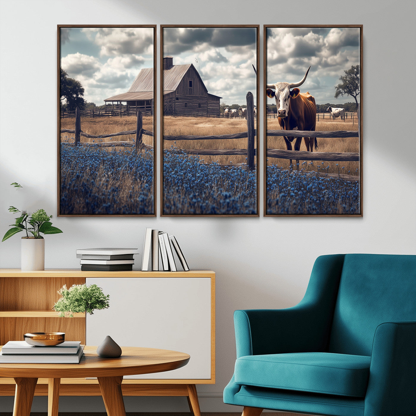 51092814-MGV-CV-36X24-Texas Longhorn Wall Art Wall Art Canvas Print, Framed Rustic Barn Canvas Art Picture Print, Farmhouse Cow Decor Perfect Rustic