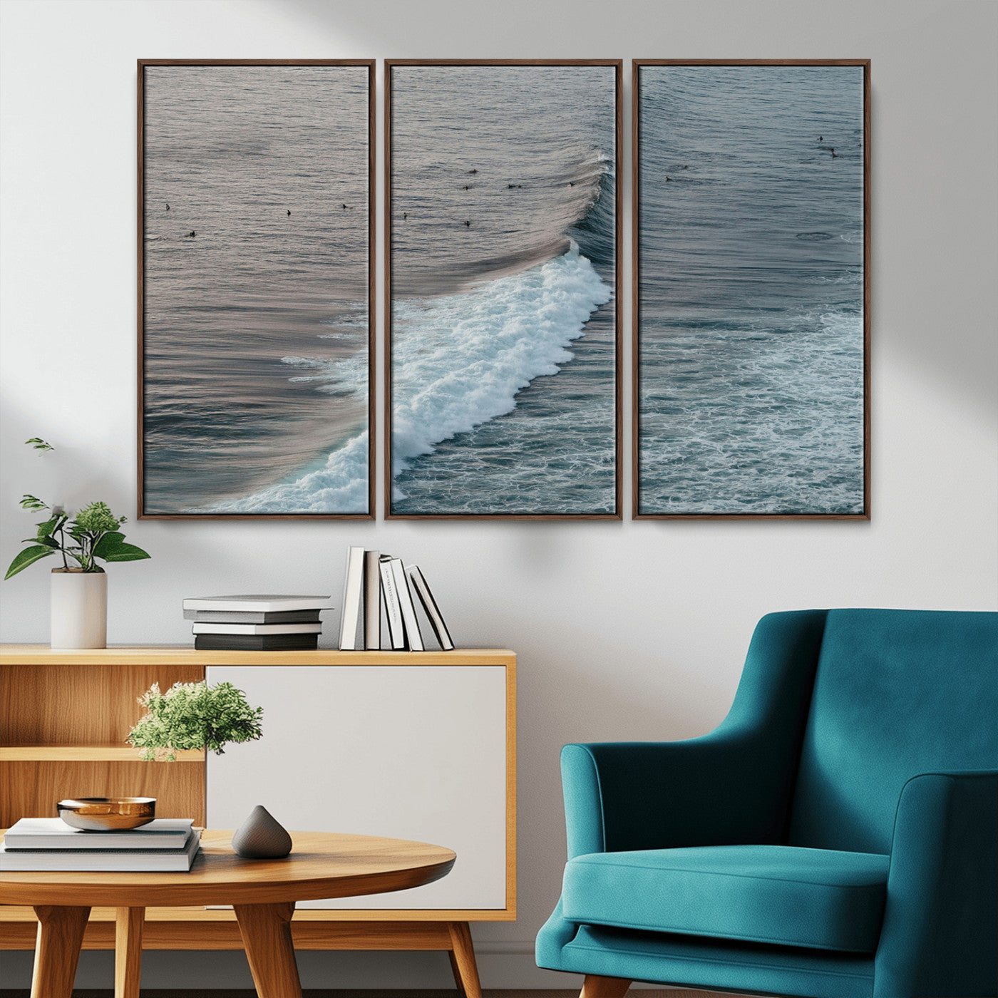 23077324-MGV-FC-48X32-3P_Walnut-Ocean Waves Wall Art Canvas Print, Framed Coastal Serenity Art Picture Print, Surf Aesthetic Perfect Modern Coastal Decor Artwork