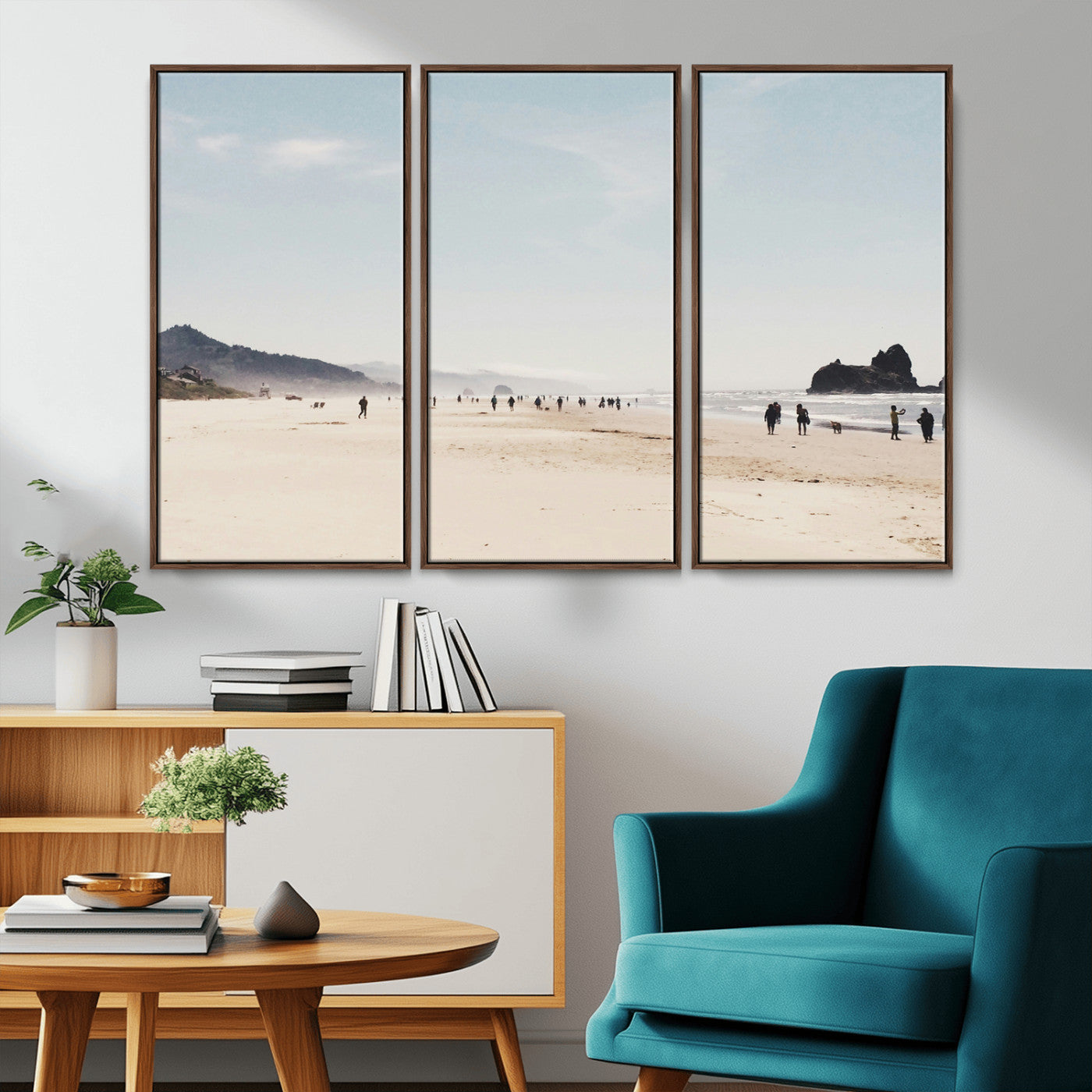 28307820-MGV-FC-48X32-3P_Walnut-Minimalist Beach Wall Art Canvas Print, Framed Coastal Serenity Art Picture Print, Soft Sand Perfect Modern Coastal Decor Artwork