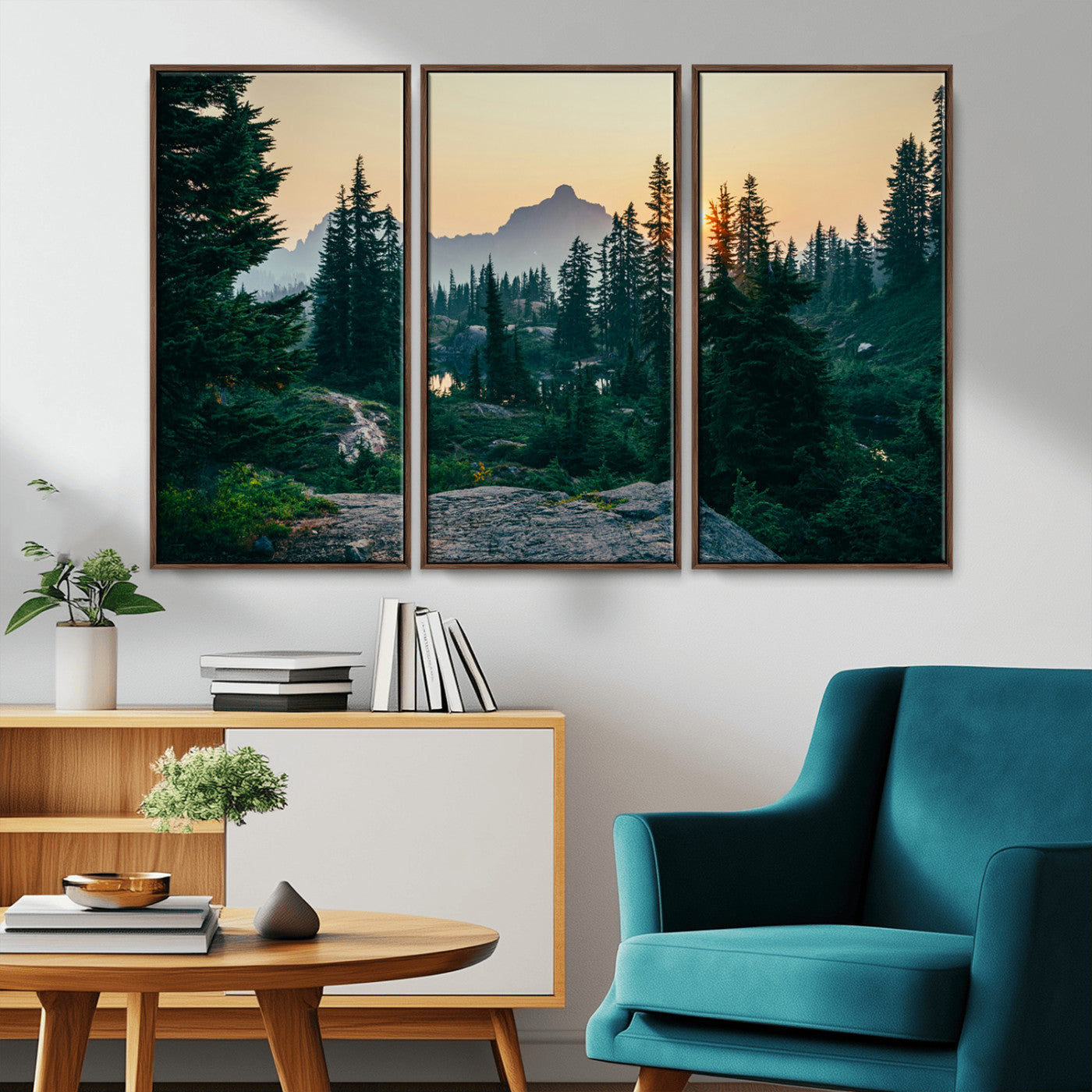 66397982-MGV-FC-48X32-3P_Walnut-Mountain Landscape Wall Art Canvas Print, Framed Forest Serenity Art Picture Print, Mountain Landscape Perfect Rustic Wilderness
