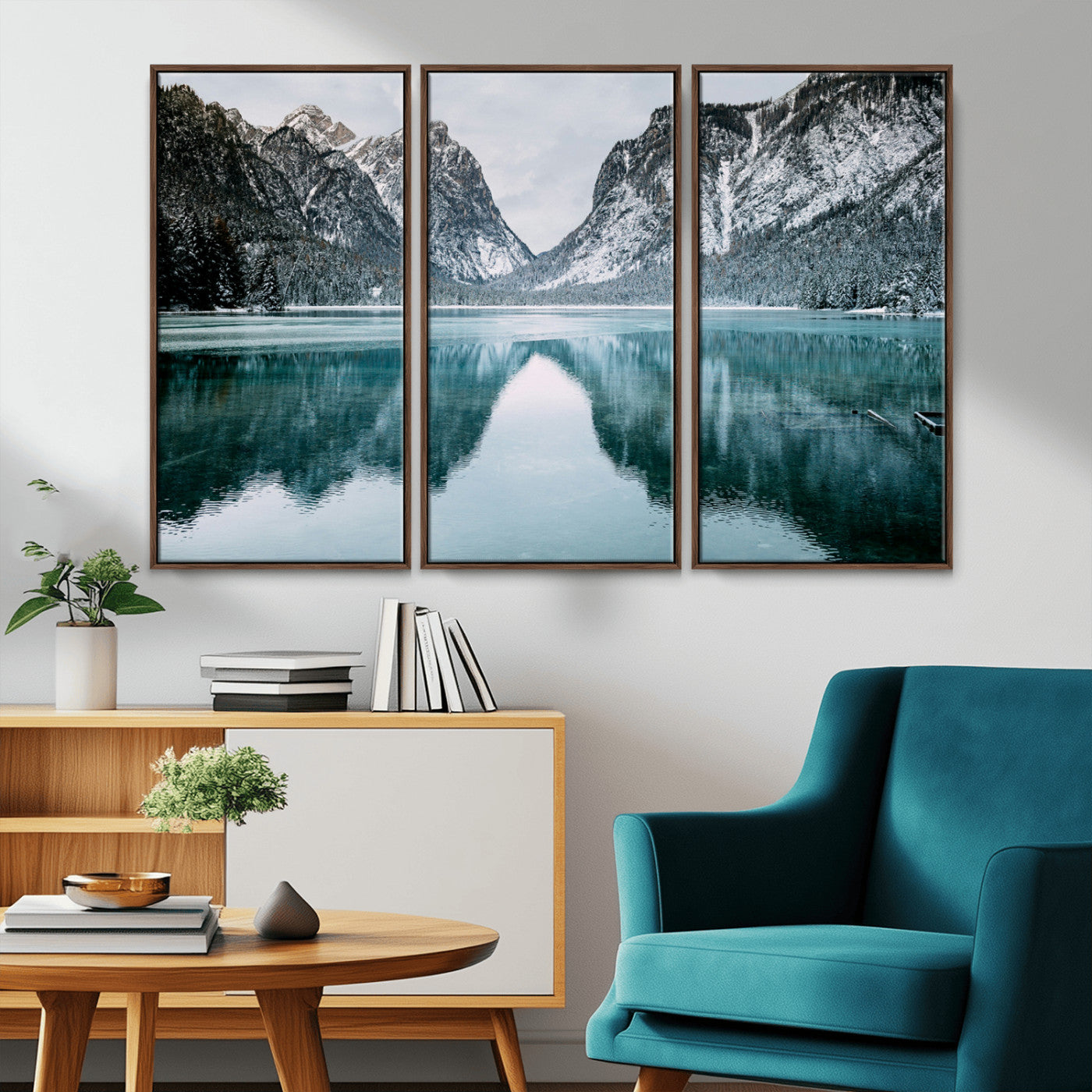 73098373-MGV-CV-36X24-Mountain Lake Wall Art Canvas Print, Framed Winter Wonderland Art Picture Print, Snowy Peaks Perfect Modern Nature Decor Artwork
