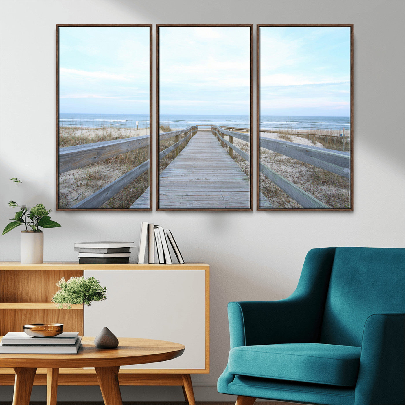 31602988-MGV-CV-36X24-Beach Boardwalk Wall Art Canvas Print, Framed Coastal Serenity Art Picture Print, Ocean View Perfect Coastal Minimalist Decor