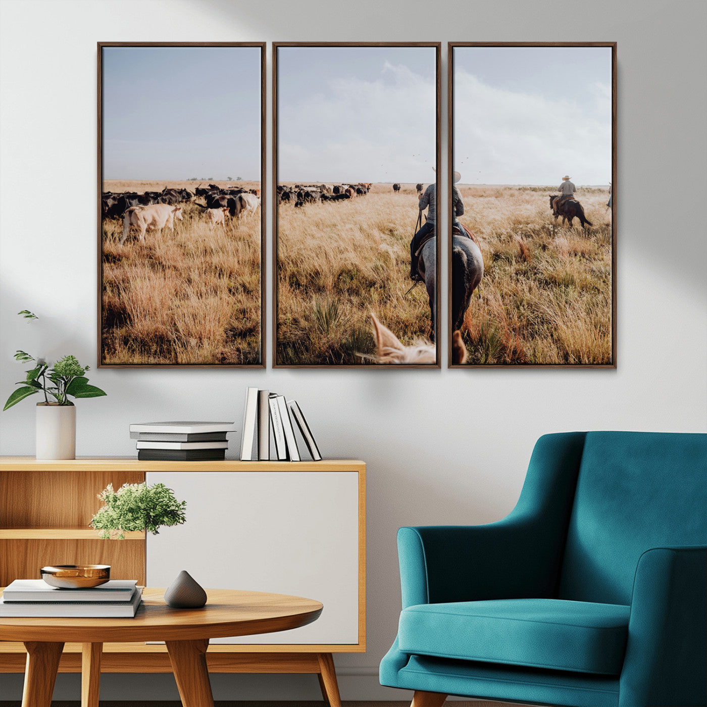 22431577-MGV-CV-36X24-Western Wall Art Wall Art Canvas Print, Framed Cowboy Canvas Art Picture Print, Cattle Drive Scene Perfect Rustic Western Decor