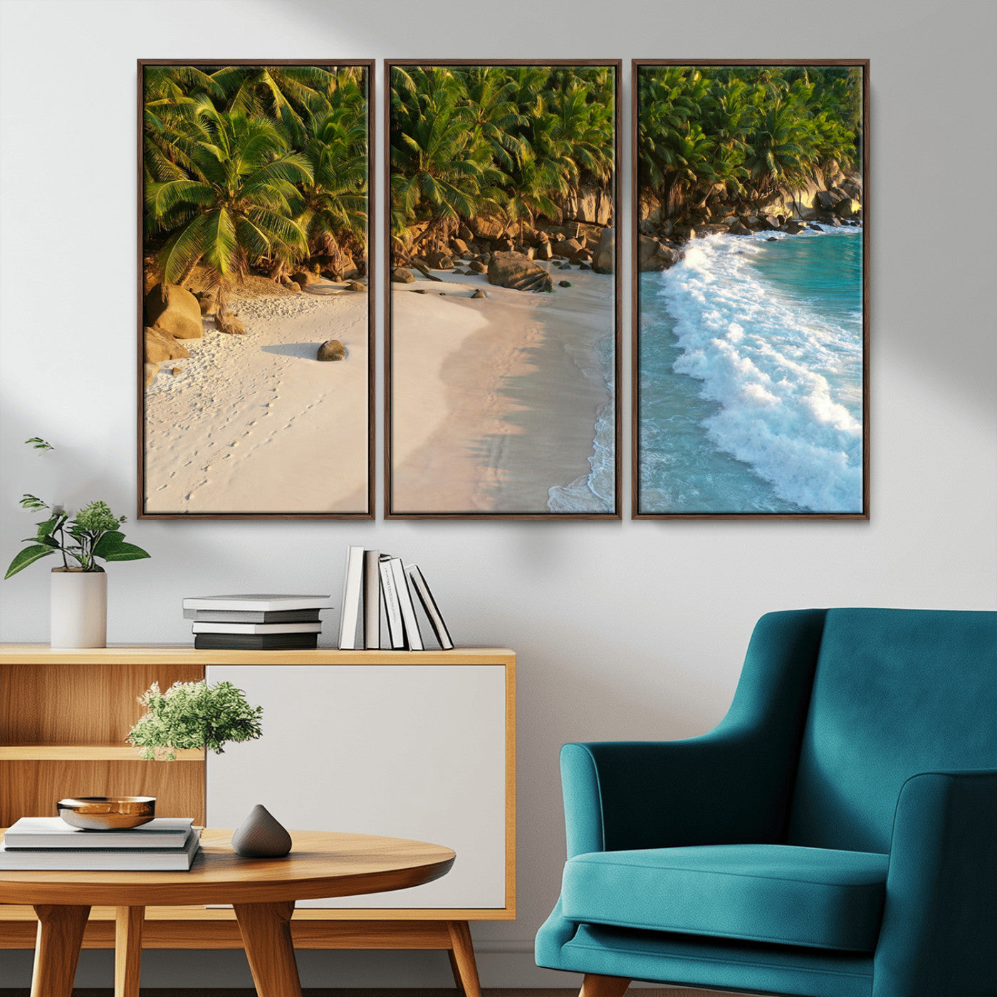 82312665-MGV-FC-48X32-3P_Walnut-Tropical Beach Wall Art Canvas Print, Framed Ocean Waves Art Picture Print, Palm Trees Perfect Coastal Minimalist Decor Artwork