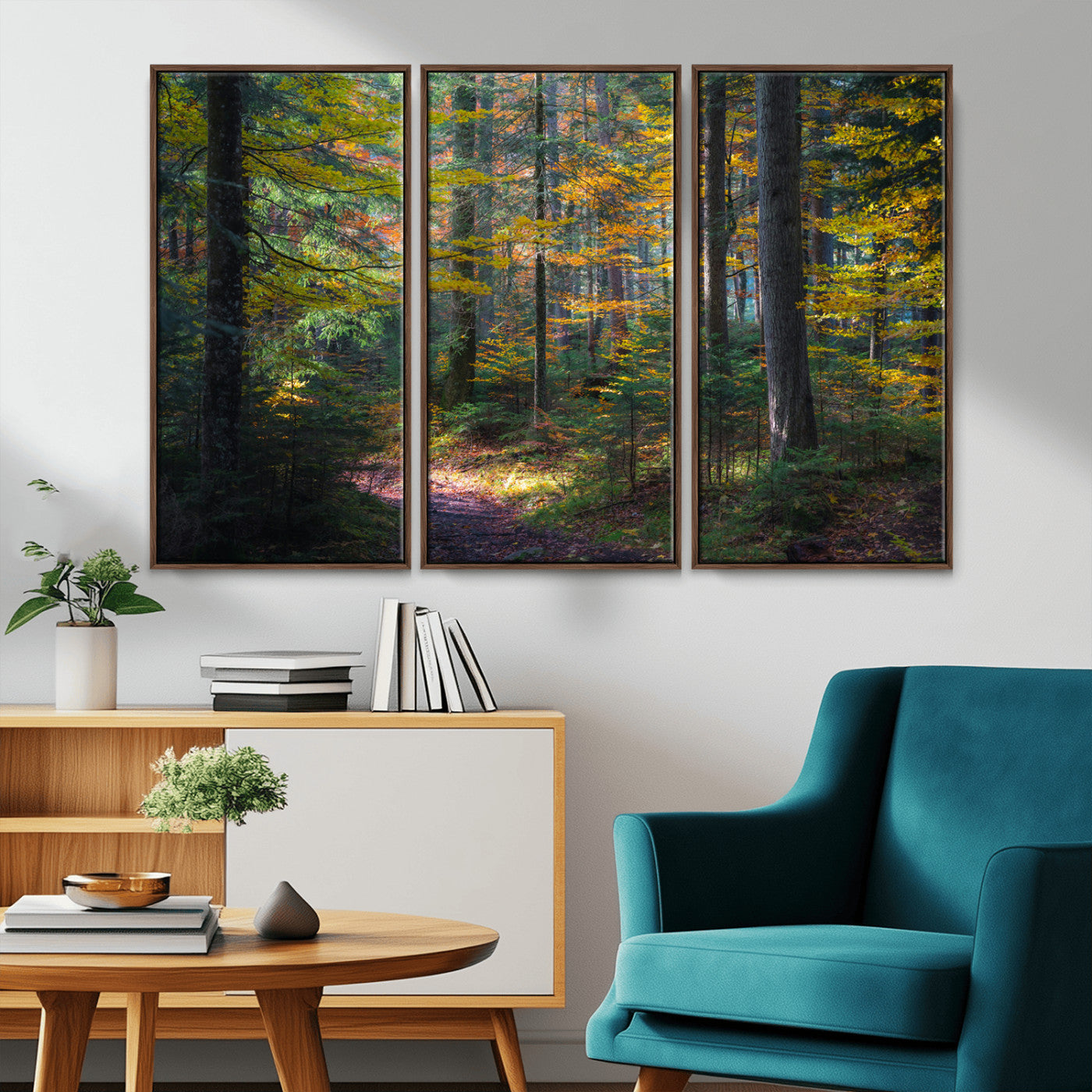 65810864-MGV-CV-36X24-Autumn Forest Wall Art Canvas Print, Framed Fall Woodland Art Picture Print, Golden Leaves Perfect Rustic Farmhouse Decor Artwork