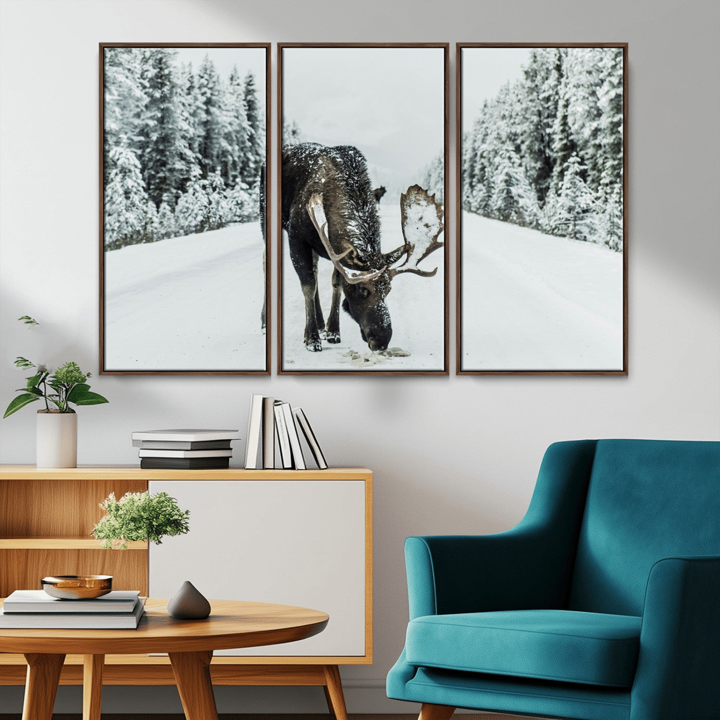 13316292-MGV-CV-36X24-Moose in Snow Wall Art Canvas Print, Framed Winter Wildlife Art Picture Print, Snowy Forest Scene Perfect Rustic Lodge Decor