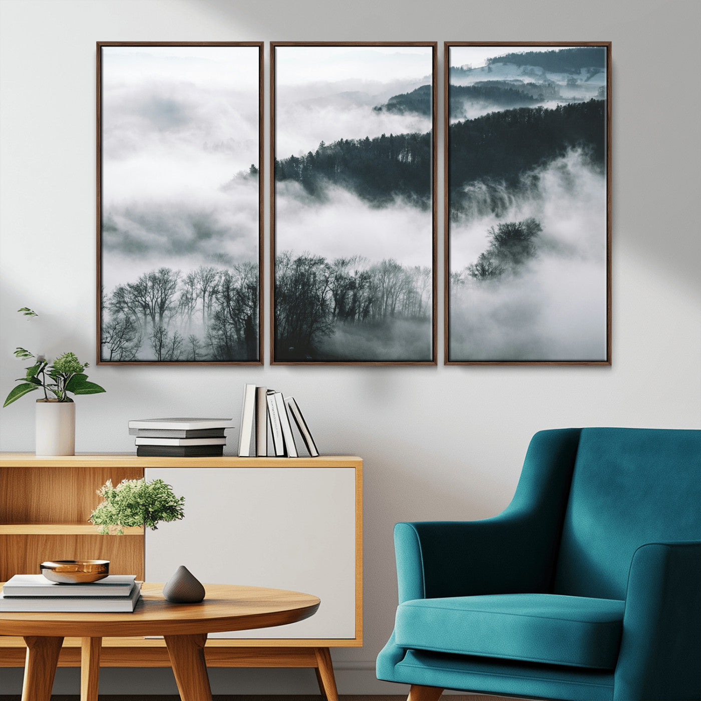 67569654-MGV-CV-36X24-Foggy Forest Wall Art – Mist Covered Hills and Trees Landscape Canvas Print, Moody Nature Photography Decor for Living Room,