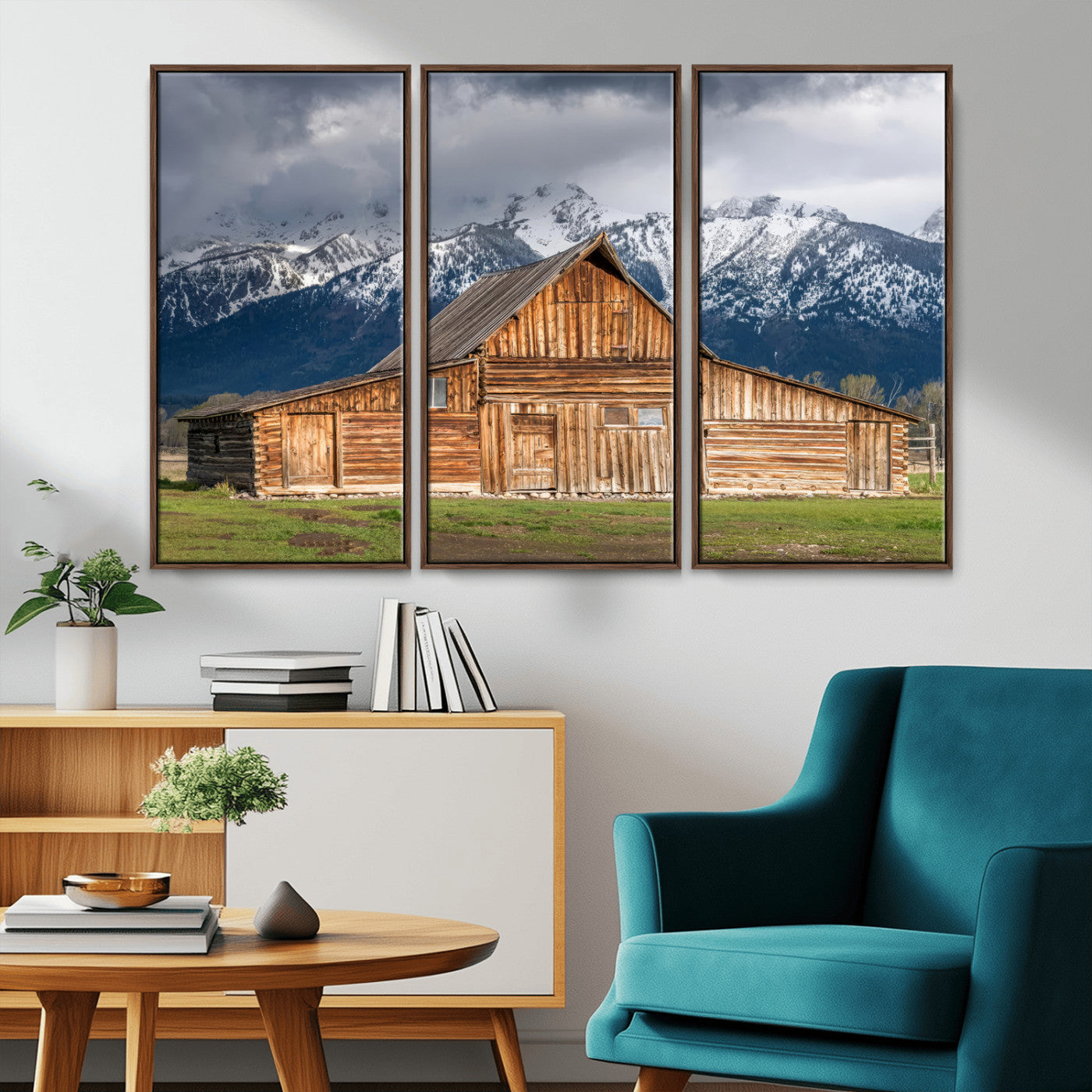 15173627-MGV-CV-36X24-Barn Wall Art – Rustic Wooden Cabin Canvas Print with Snowy Mountain Landscape, Western Farmhouse Country Decor for Living Room,