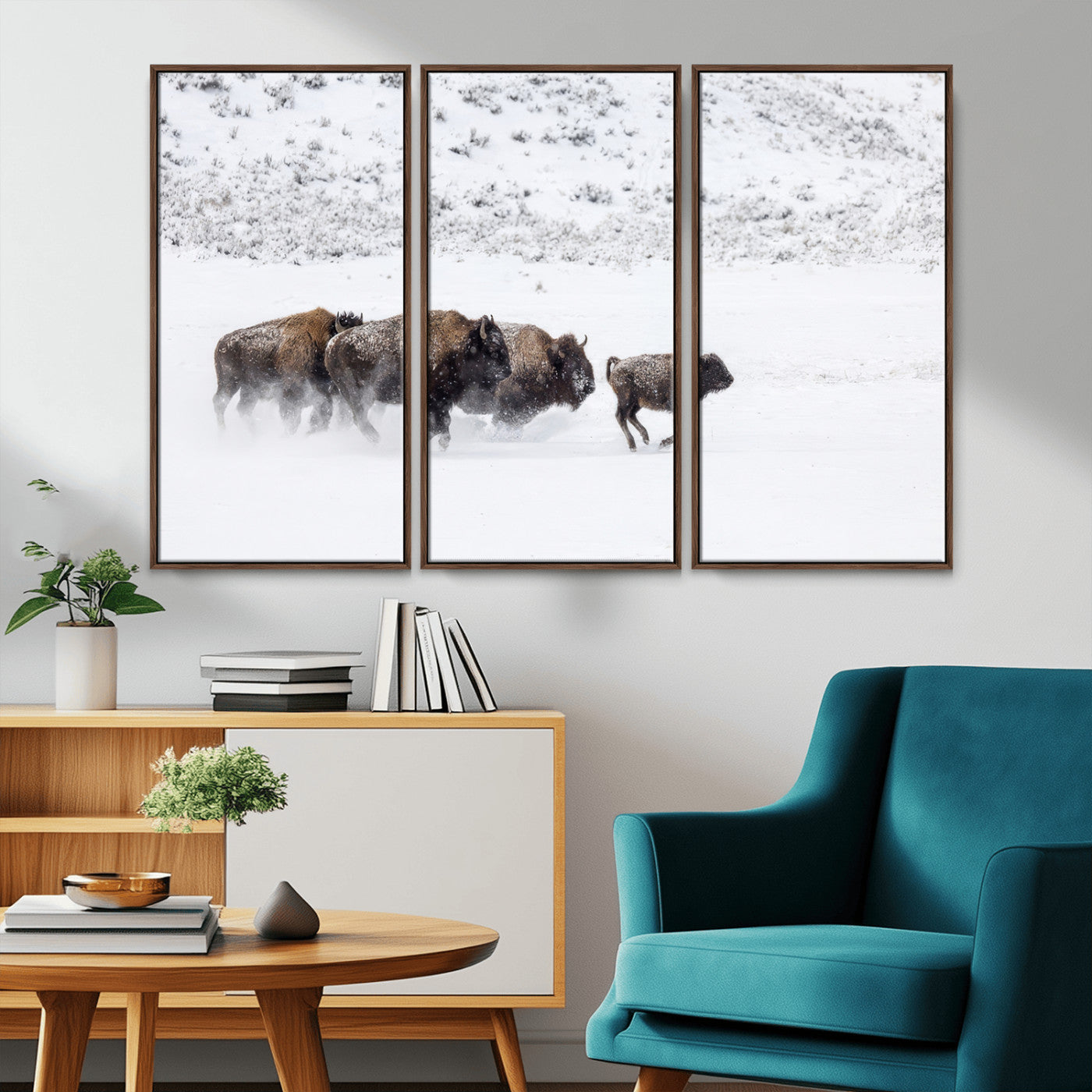 61161423-MGV-CV-36X24-Running Bison Herd Wall Art – Winter Buffalo Canvas Print, Wildlife Photography Decor for Rustic Living Room, Farmhouse, Lodge,