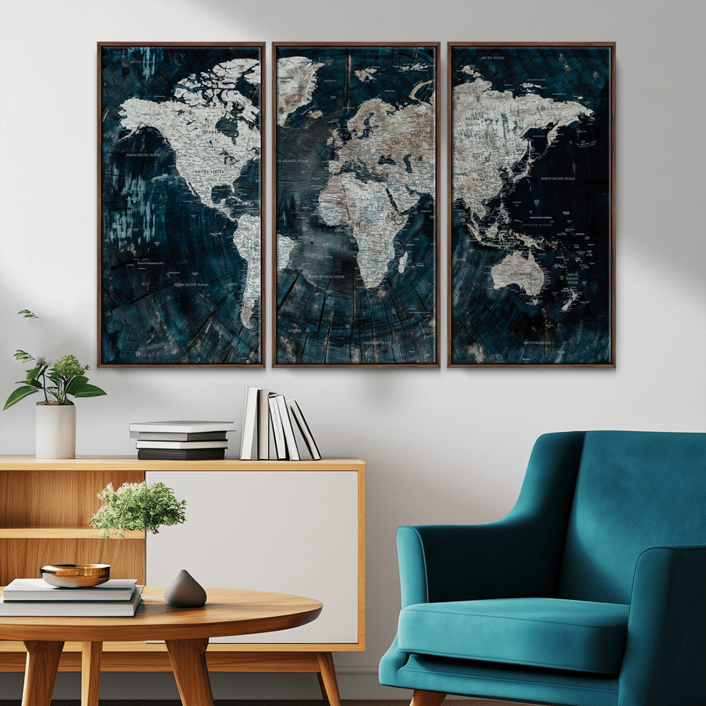 34425609-MGV-CV-36X24-World Map Wall Art – Rustic Navy and Grey Atlas Canvas Print, Distressed Explorer Map Artwork, Industrial Style Decor for Office,
