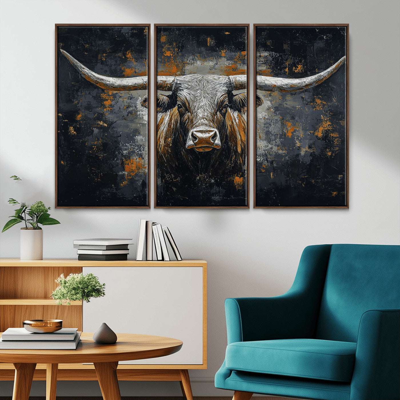 93195031-MGV-CV-36X24-Dark Longhorn Bull Wall Art – Western Steer Canvas Print, Moody Rustic Animal Painting for Man Cave, Ranch House, Office or Modern