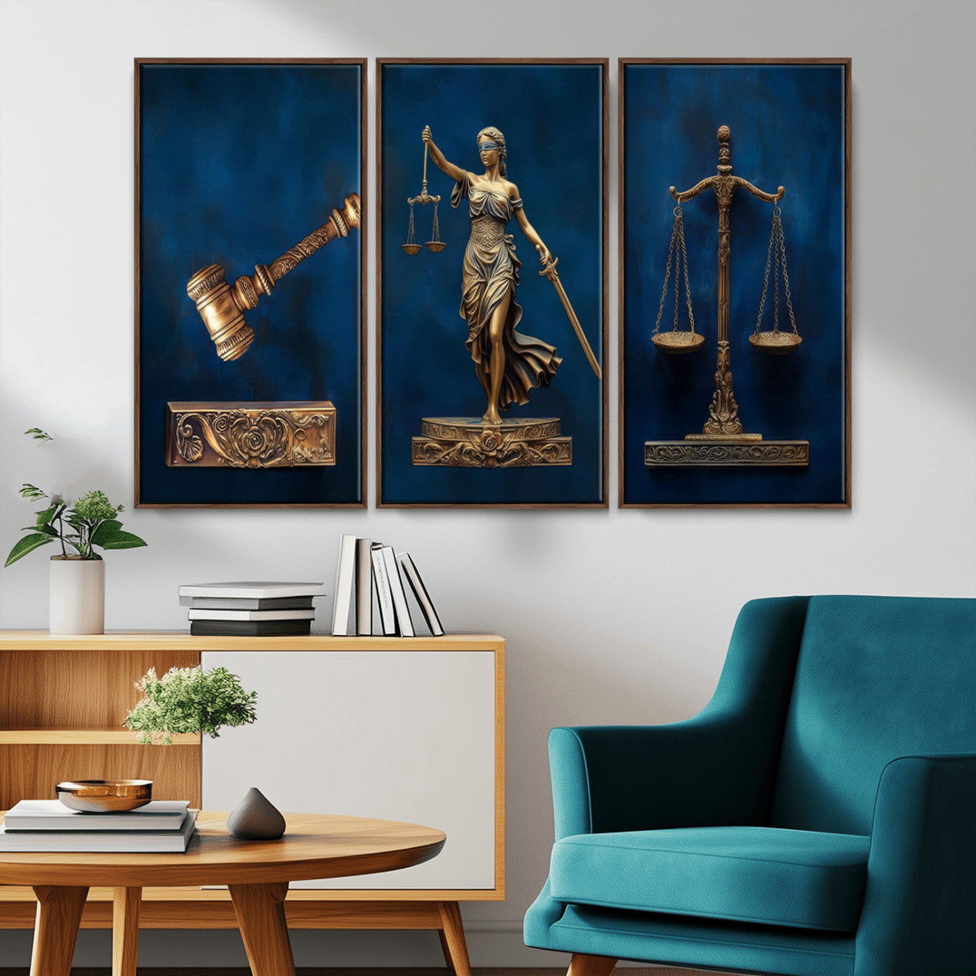 91629053-MGV-CV-36X24-Lady Justice Wall Art – Golden Gavel and Scales Canvas Print, Elegant Legal Office Decor for Lawyers, Judges, Courtroom or Study