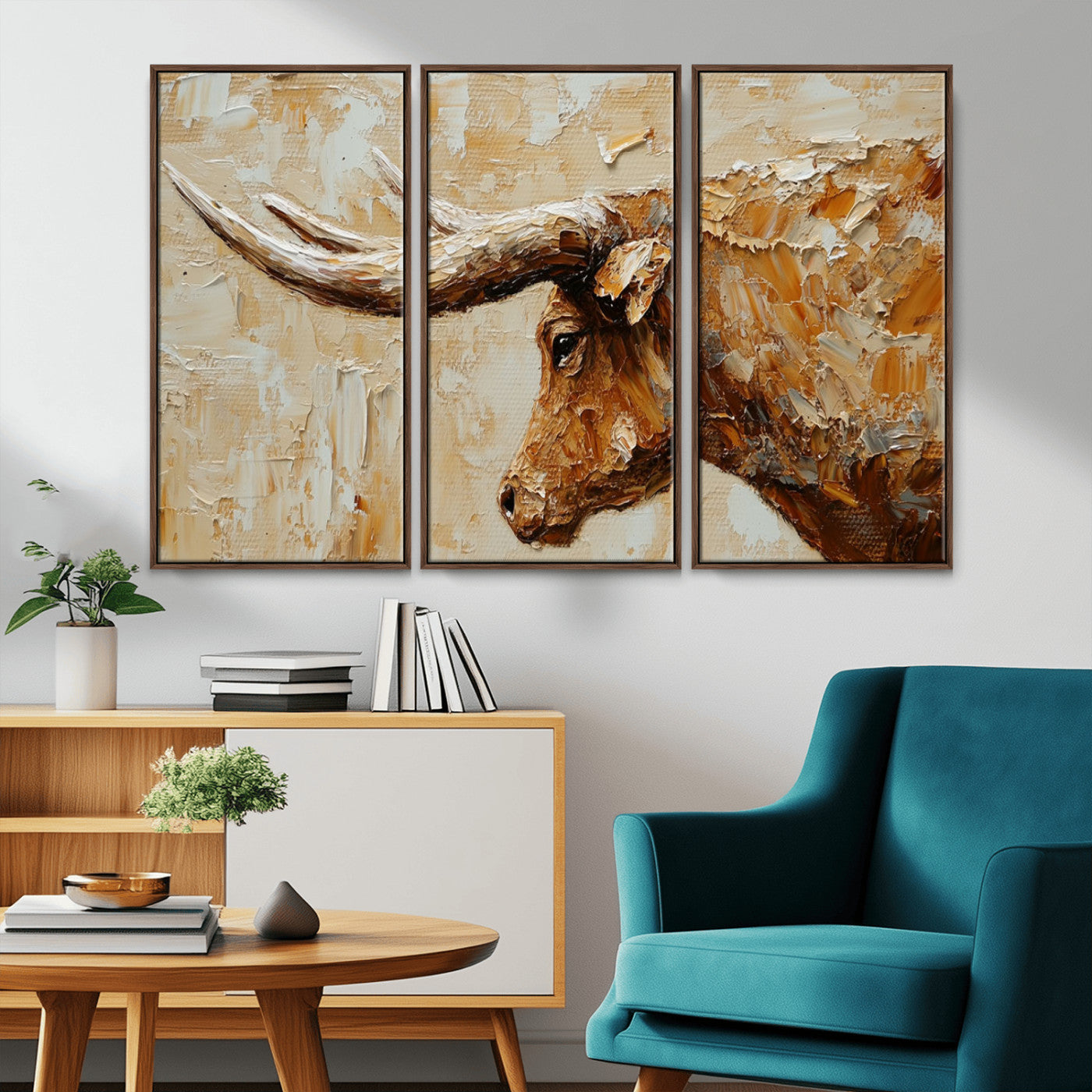 69611428-MGV-CV-36X24-Longhorn Bull Wall Art – Rustic Western Canvas Print, Textured Farmhouse Cattle Painting for Living Room, Office, or Ranch House