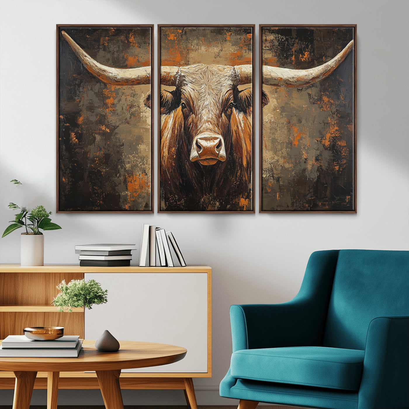 19204445-MGV-CV-36X24-Texas Longhorn Bull Wall Art – Rustic Western Canvas Print, Bold Cowboy Cattle Painting for Ranch House, Farmhouse, Office, or
