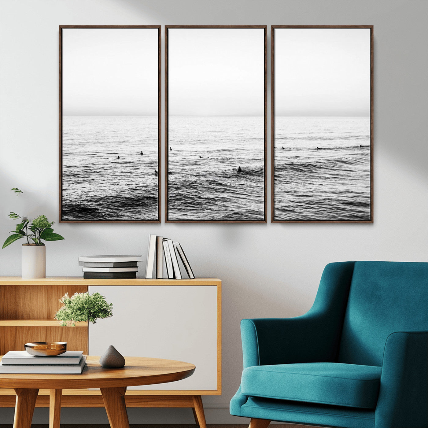 47208268-MGV-FC-48X32-3P_Walnut-Surfer Ocean Wall Art – Black and White Coastal Canvas Print, Minimalist Surfing Seascape Decor for Living Room, Bedroom, or Beach