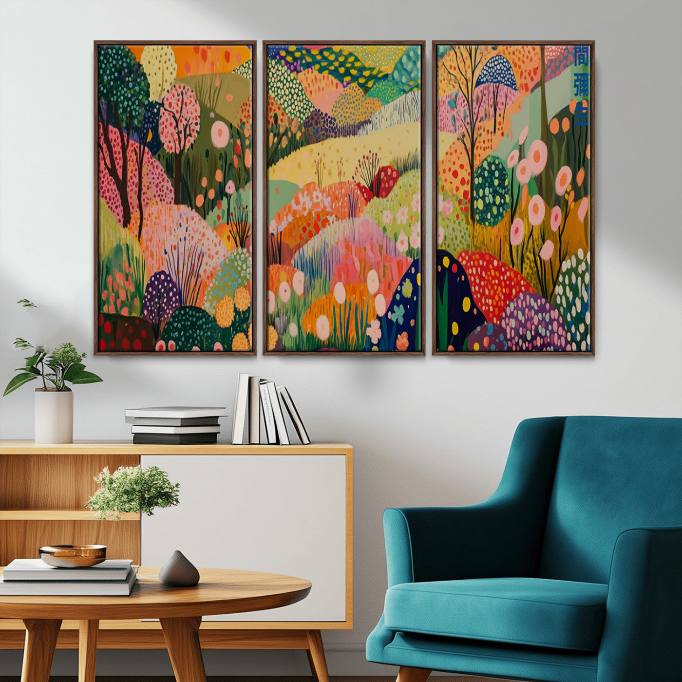 79636380-MGV-CV-36X24-Colorful Abstract Landscape Wall Art – Vibrant Hills and Flowers Canvas Print, Modern Whimsical Artwork for Living Room, Bedroom,