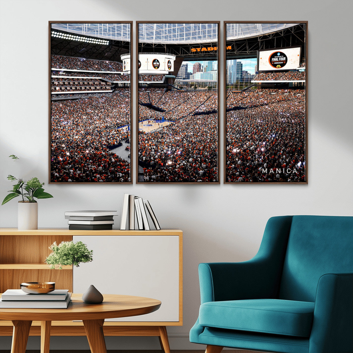 38616413-MGV-FC-48X32-3P_Walnut-Chicago Dome Stadium Wall Art – Futuristic Basketball Final Four Arena Canvas Print, Modern Sports Fan Decor for Man Cave or