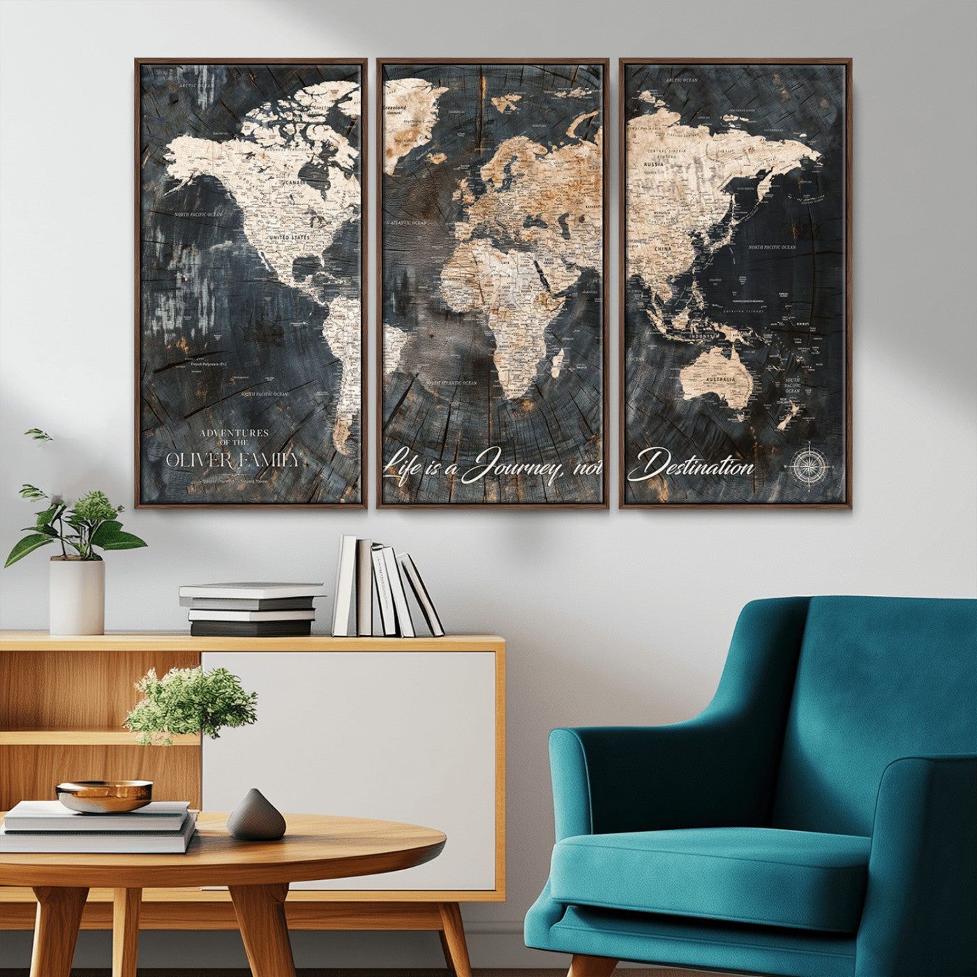 37848568-MGV-CV-36X24-Life is a Journey Not a Destination World Map Rustic Wood Texture Vintage Beige Navy Adventure Wall Art Canvas Print for Home