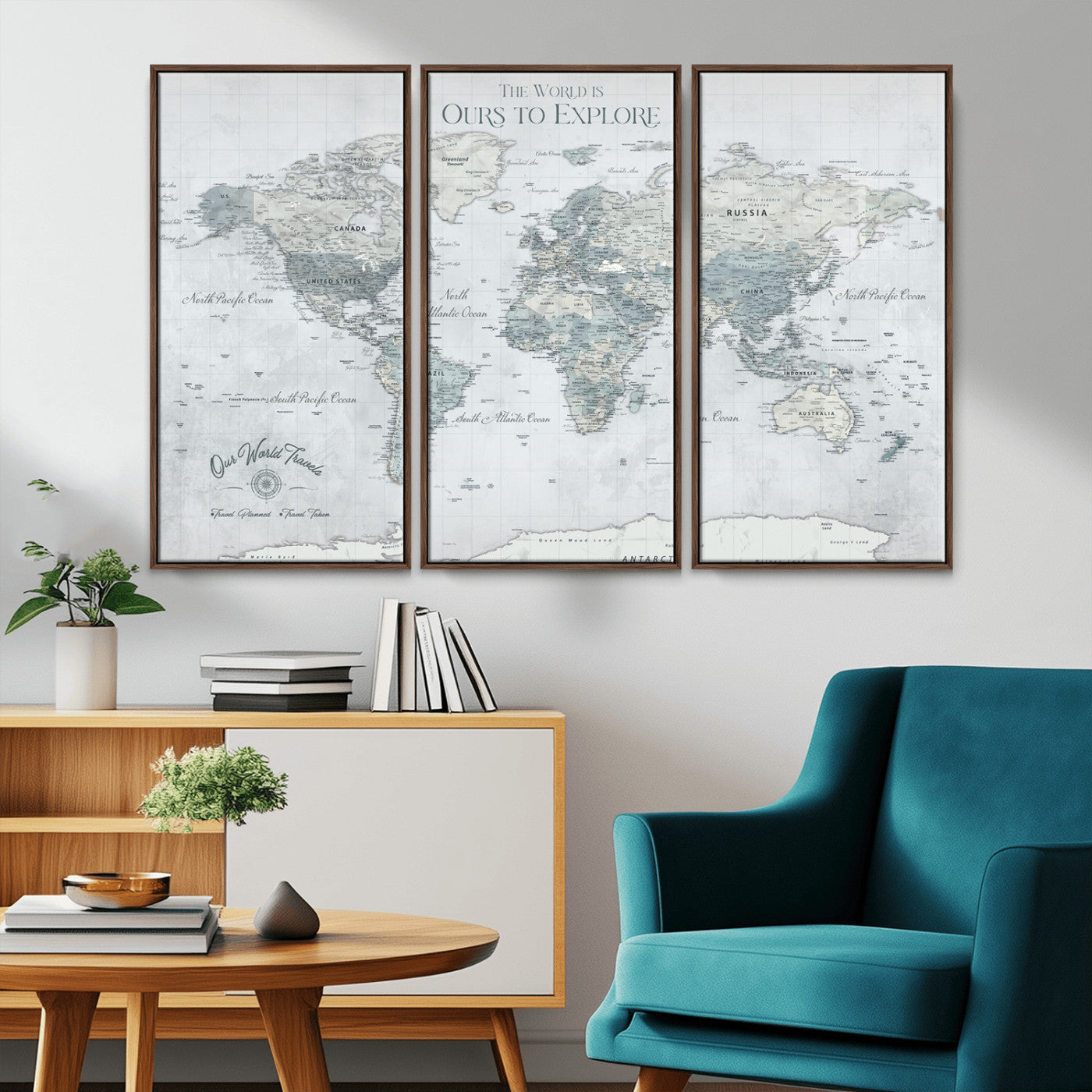 94249974-MGV-CV-36X24-Ours Explore World Map Wall Art – Modern Travel Canvas Print, Neutral Adventure Decor for Living Room, Office, Study, Bedroom,