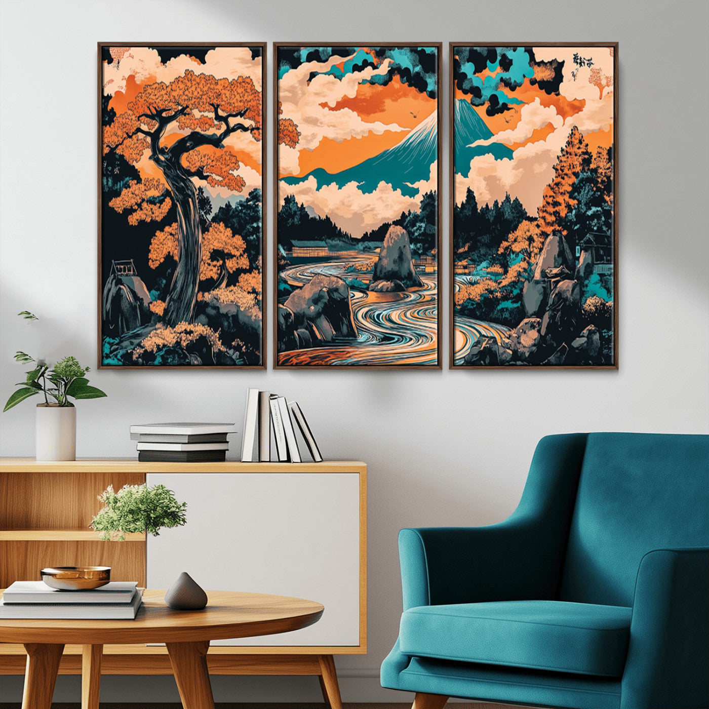 21638941-MGV-CV-36X24-Japanese Landscape Wall Art – Mount Fuji and Flowing River Ukiyo-e Style Canvas Print, Traditional Japan Inspired Artwork for