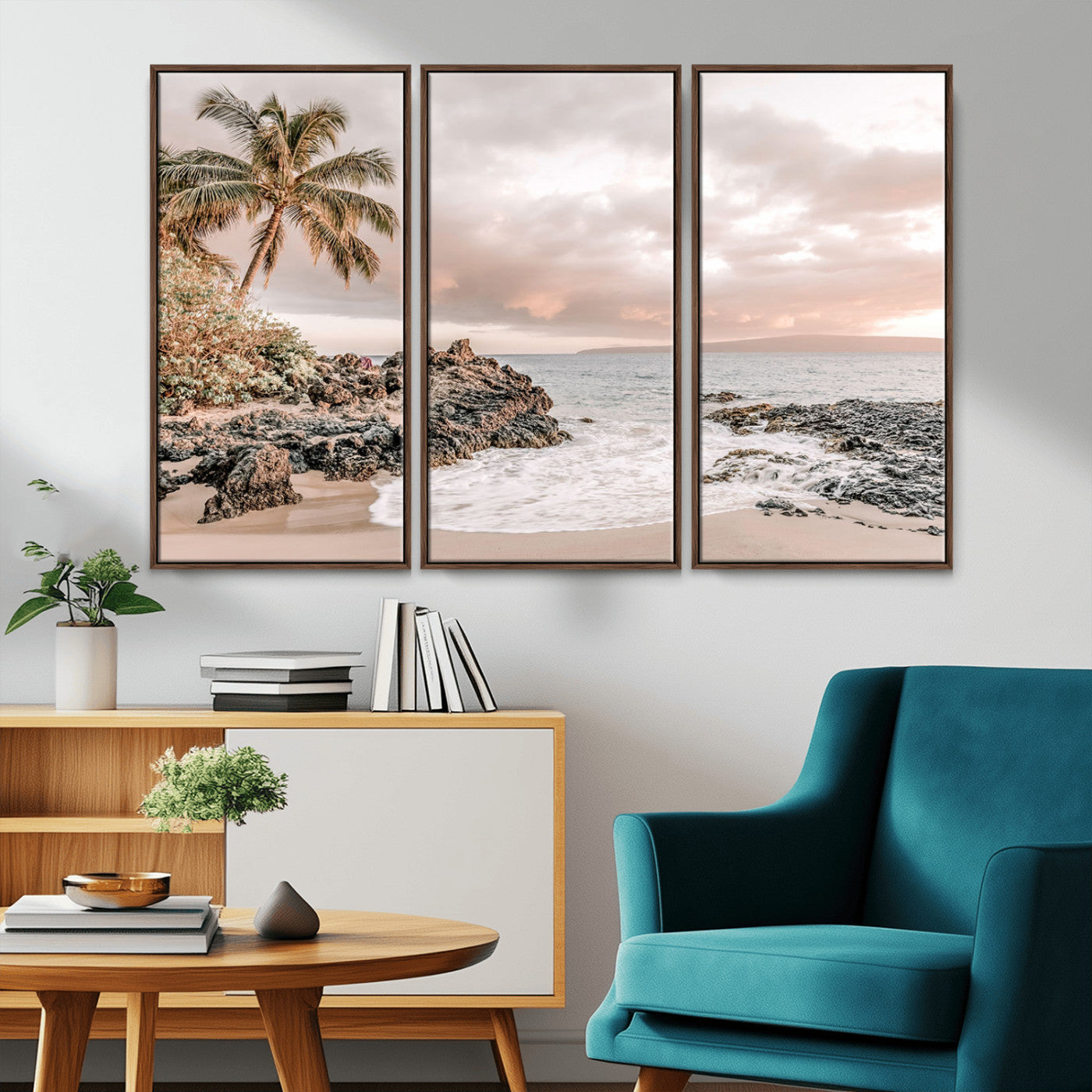 18005328-MGV-CV-36X24-Tropical Beach Wall Art – Coastal Ocean Canvas Print with Palm Tree, Sunset Sky and Rocky Shore, Serene Seascape Photography for