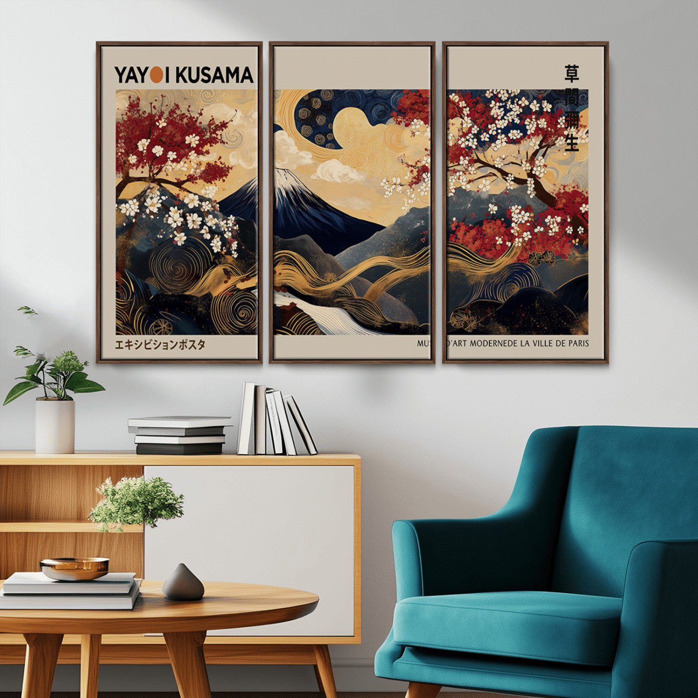 66892669-MGV-CV-36X24-Yayoi Kusama Japanese Inspired Canvas Print – Mt. Fuji & Floral Scene Wall Art, Framed Asian Style Canvas for Home, Office or