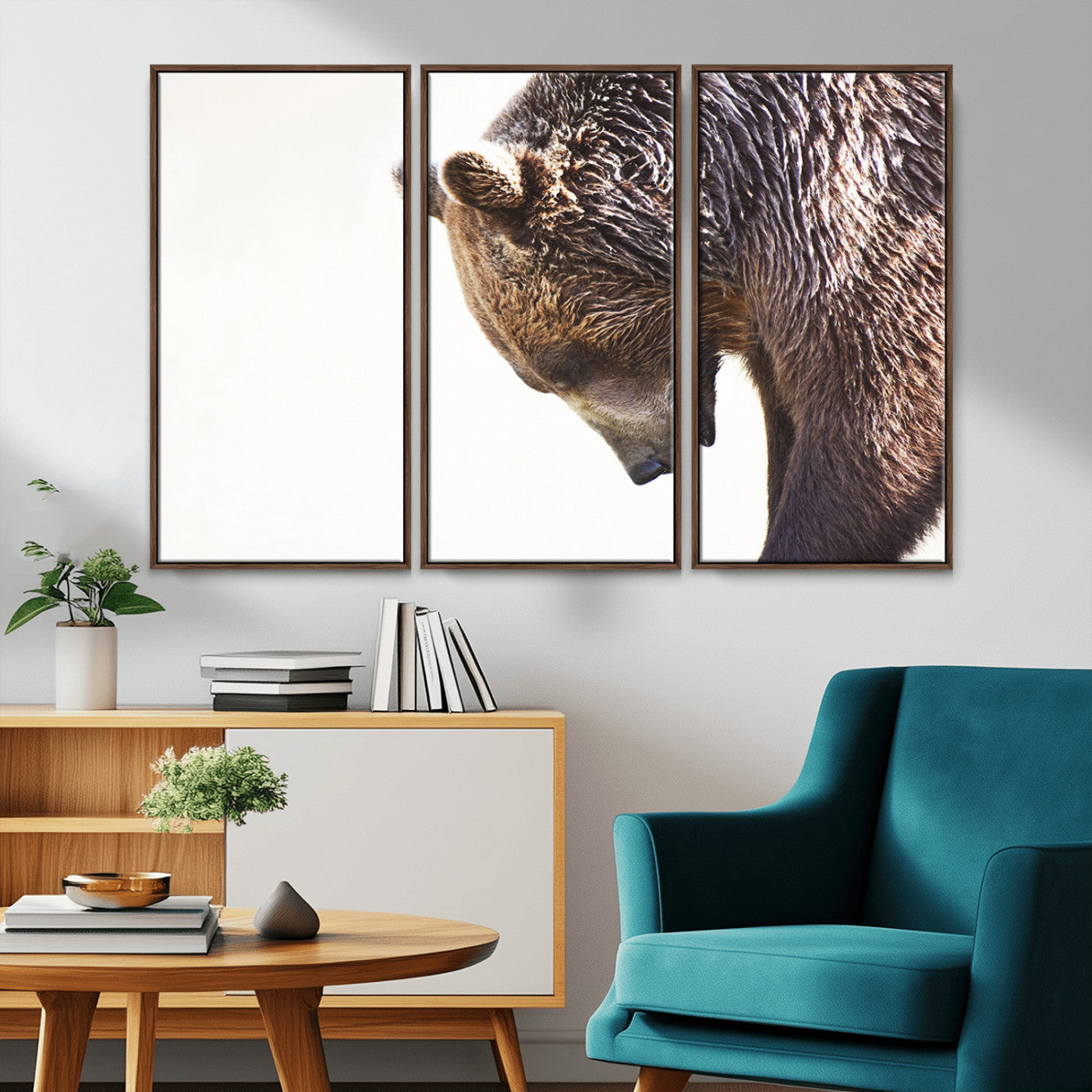 14405507-MGV-FC-48X32-3P_Walnut-Bear Wall Art – Wildlife Canvas Print with Rustic Animal Portrait and Minimalist Background, Nature Inspired Photography for