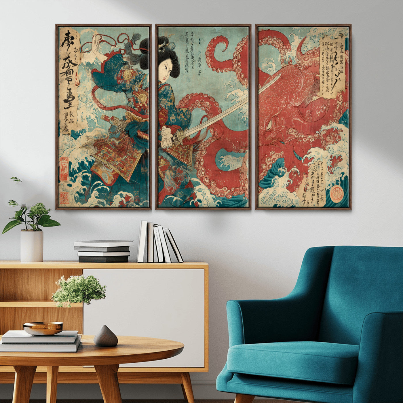 68844327-MGV-CV-36X24-Tsukioka Yoshitoshi Samurai Wall Art Print, Japanese Katana Warrior Canvas Wall Art, Octopus Sea Monster Canvas Print,
