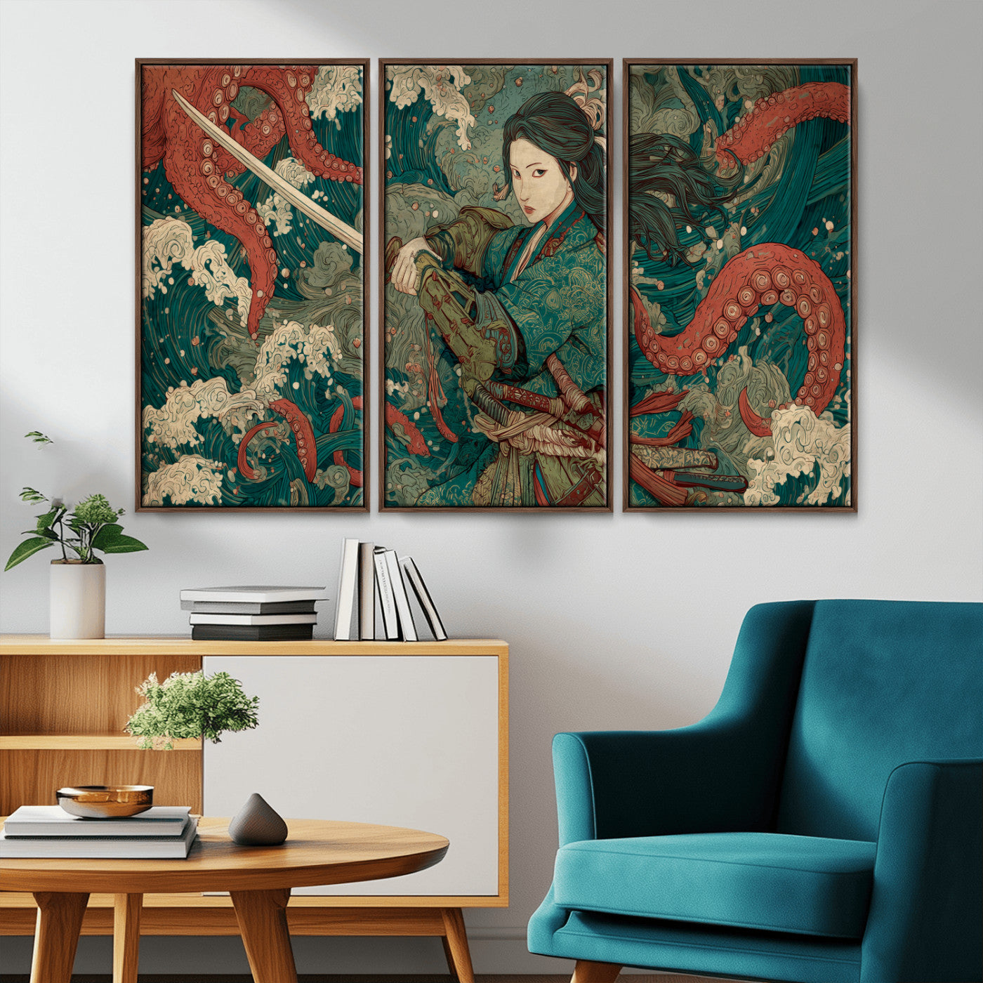 35461724-MGV-FC-48X32-3P_Walnut-Samurai Woman vs Octopus Wall Art – Japanese Ukiyo-e Ocean Waves Canvas Print, Red Tentacle Battle Artwork for Living Room,