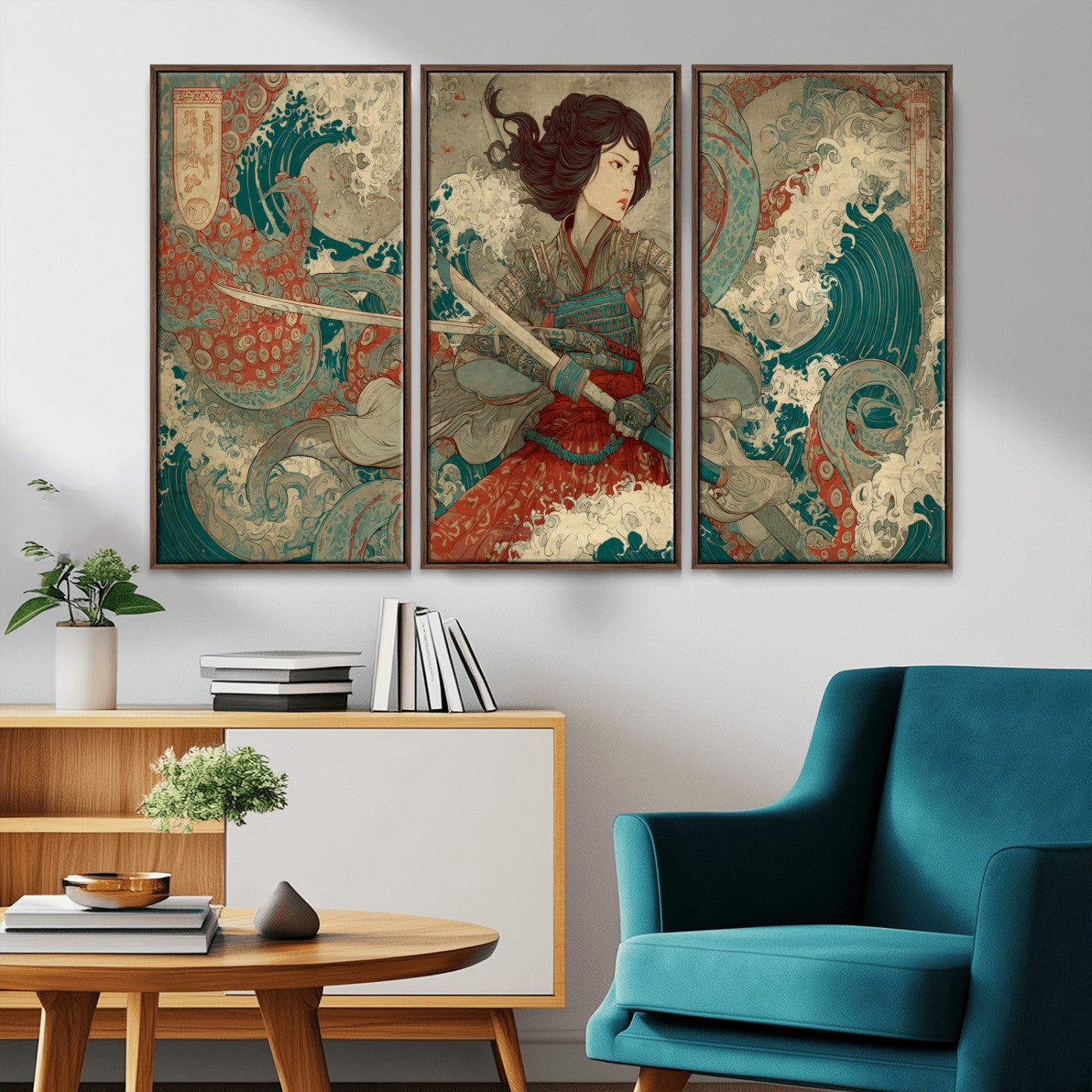 63377977-MGV-CV-36X24-Tsukioka Yoshitoshi Samurai Wall Art Print, Japanese Katana Warrior Canvas Wall Art, Octopus Sea Monster Canvas Print,