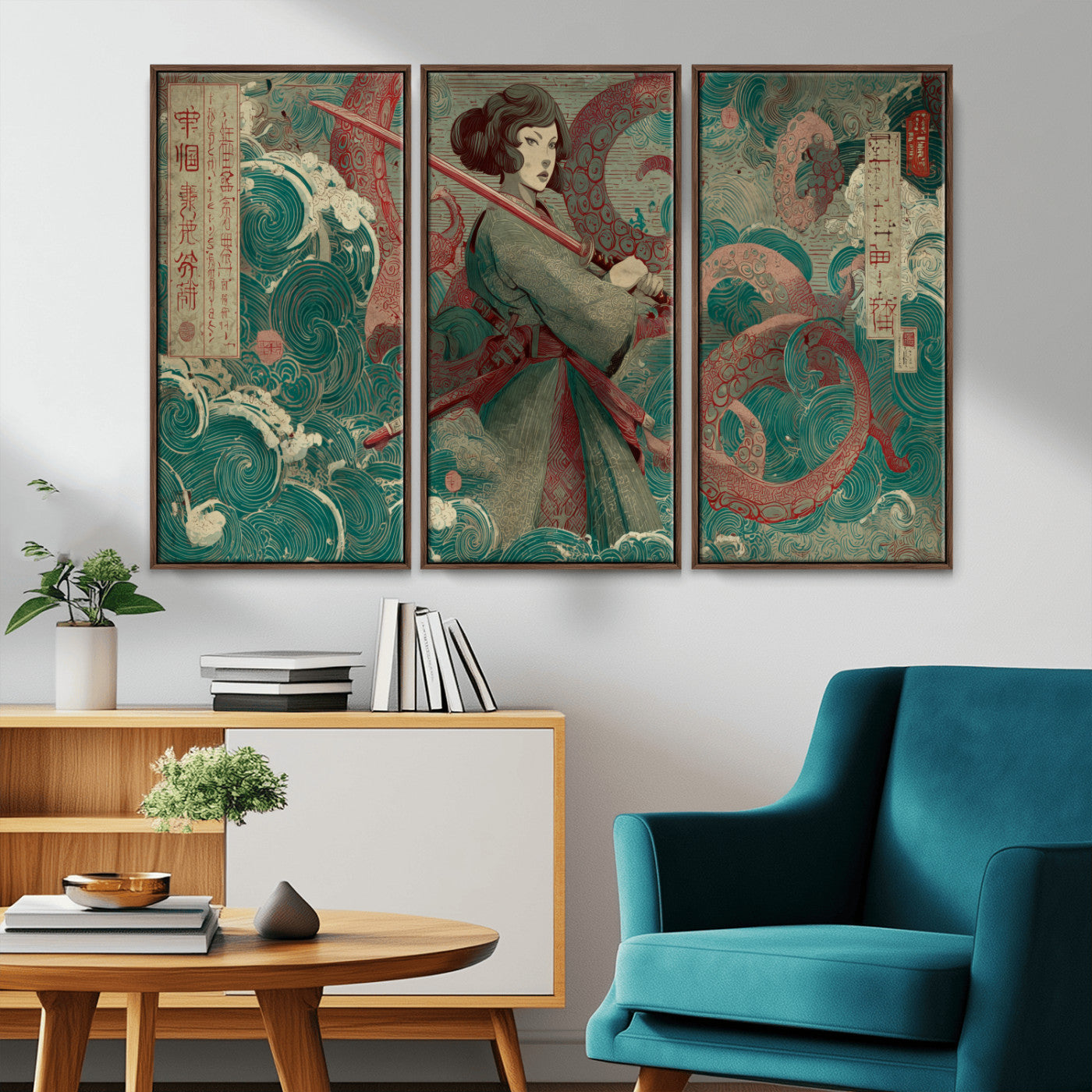 91666601-MGV-CV-36X24-Samurai Woman vs Octopus Wall Art – Japanese Ukiyo-e Green Robe Canvas Print, Ocean Battle Artwork for Living Room, Office, Man