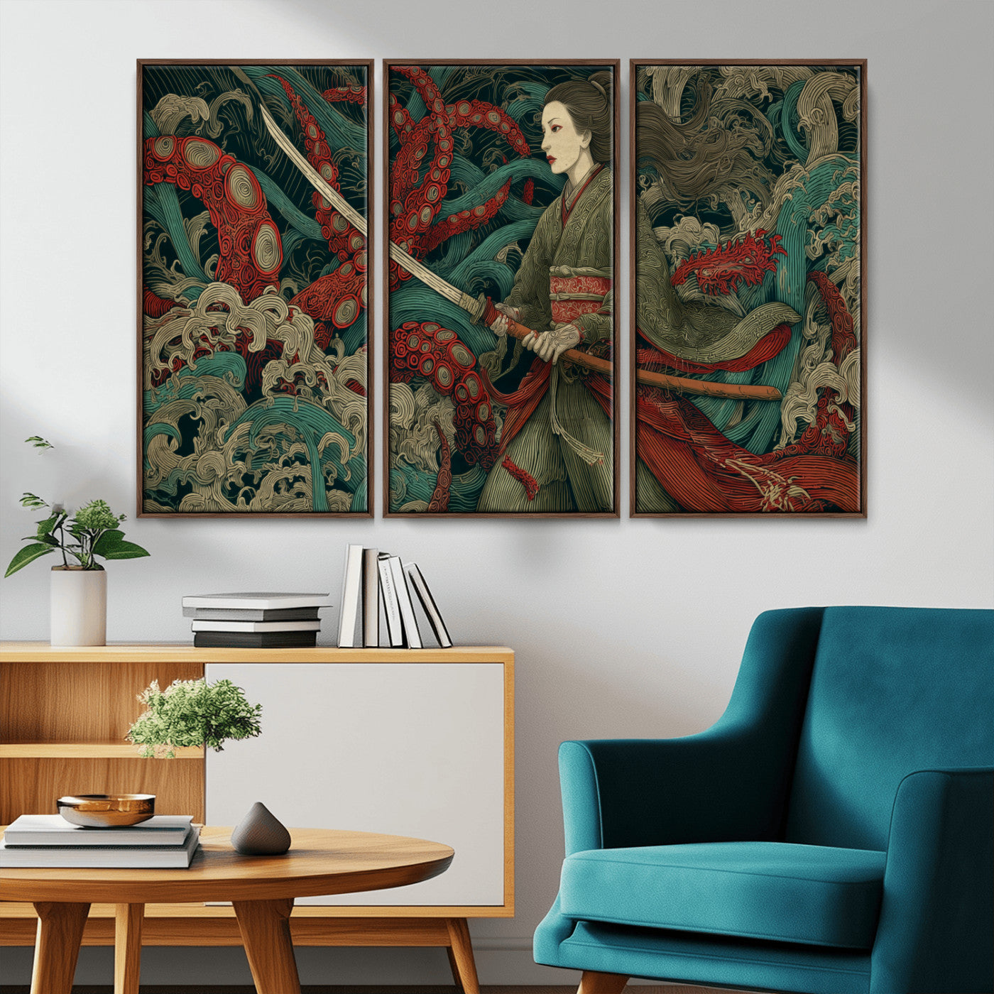 18902796-MGV-CV-36X24-Samurai Woman vs Octopus Wall Art – Japanese Ukiyo-e Green Kimono Canvas Print, Ocean Battle Scene Artwork for Living Room,