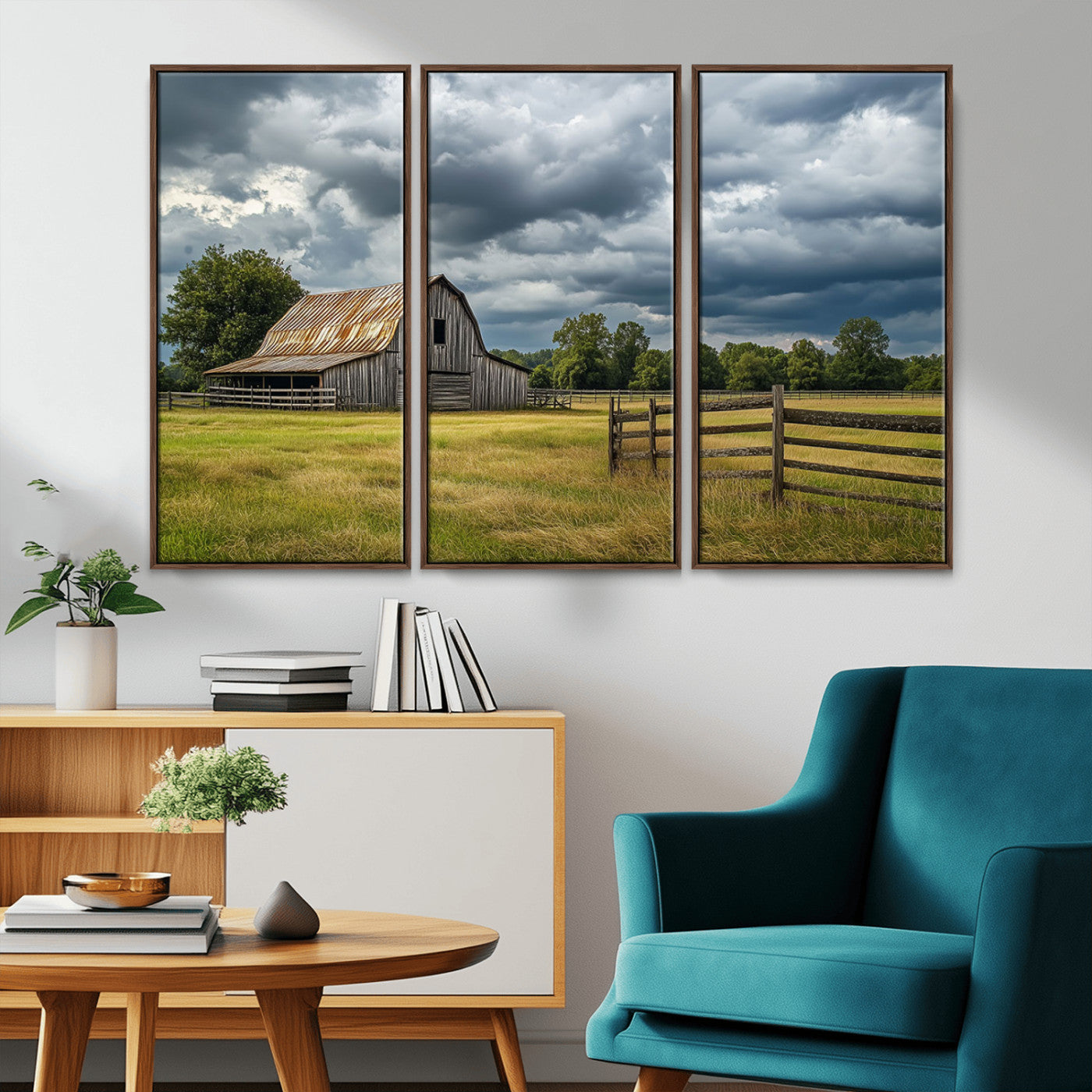 39409517-MGV-CV-36X24-Rustic Barn Wall Art – Weathered Farmhouse and Storm Clouds Canvas Print, Country Landscape Photography Decor for Bedroom, Living